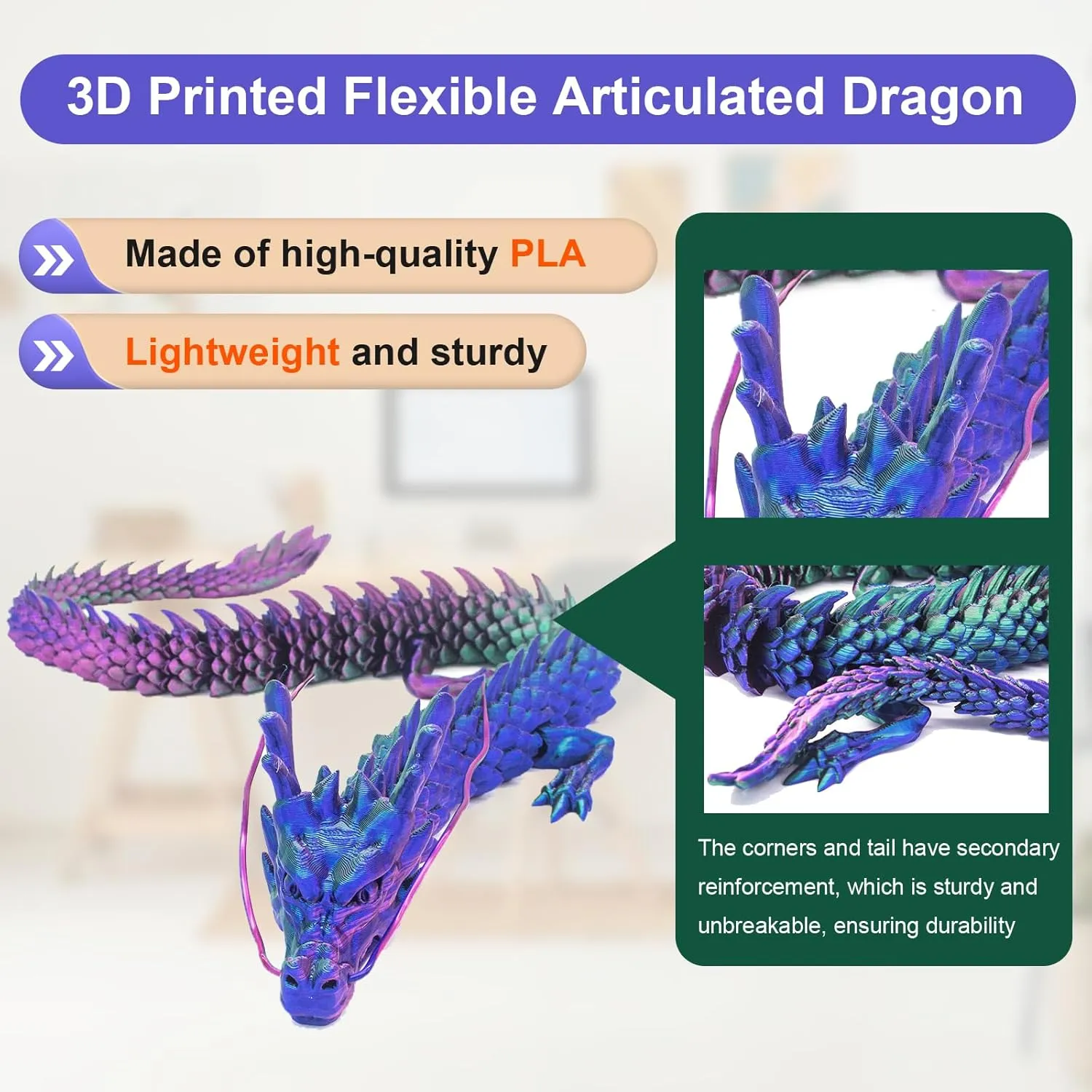24 inch 3D Printed Dragon,3D Printed Flexible Articulated Dragon, Reinforcement of Unbreakable 3D Dragon,Dragon Fidget Toys for Autism/ADHD,Home Office Decor Executive Desk Toy (Purple)