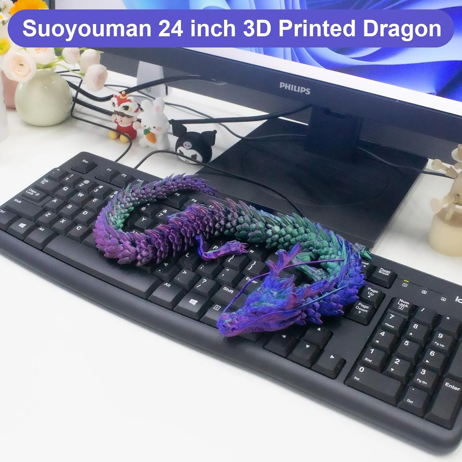 24 inch 3D Printed Dragon,3D Printed Flexible Articulated Dragon, Reinforcement of Unbreakable 3D Dragon,Dragon Fidget Toys for Autism/ADHD,Home Office Decor Executive Desk Toy (Purple)