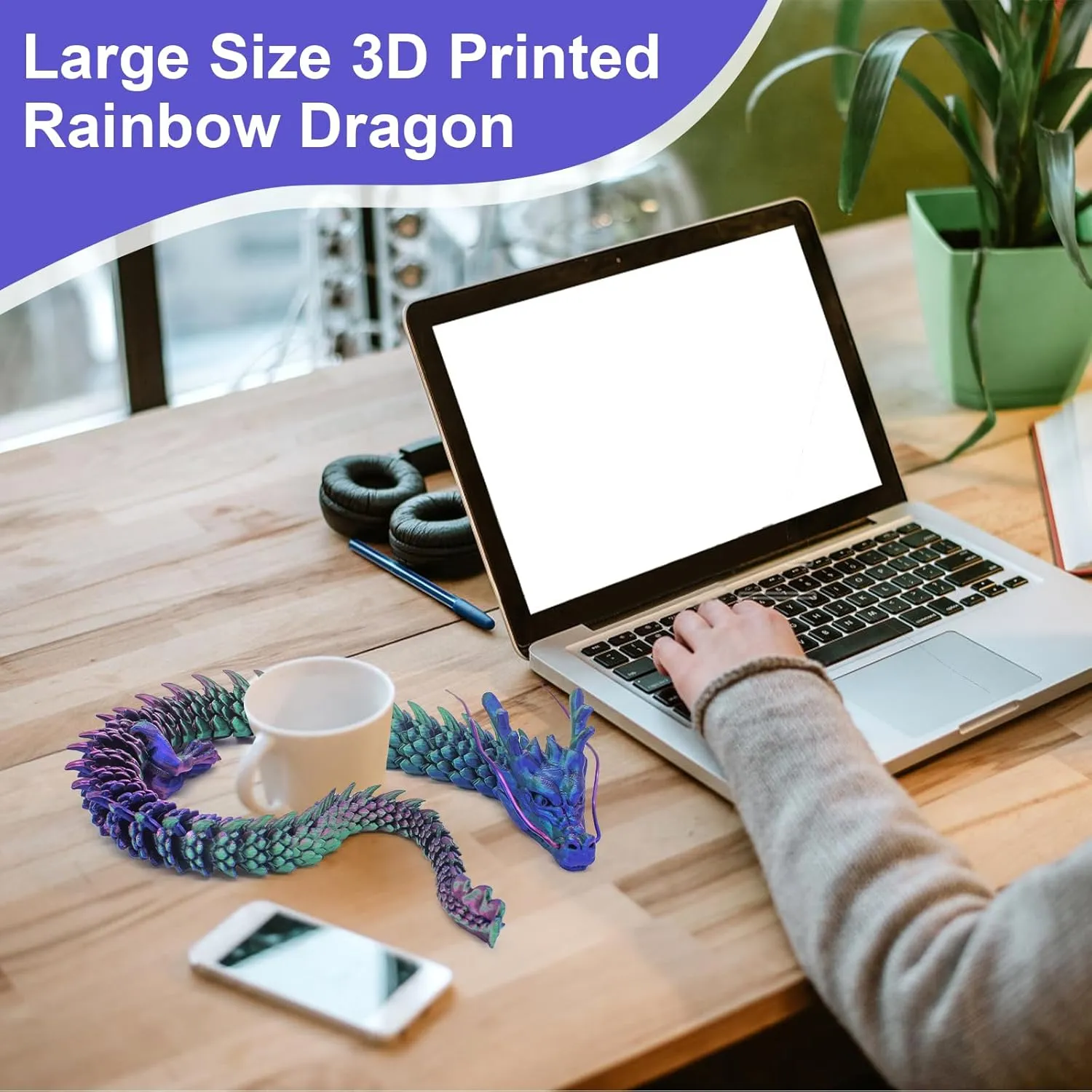 24 inch 3D Printed Dragon,3D Printed Flexible Articulated Dragon, Reinforcement of Unbreakable 3D Dragon,Dragon Fidget Toys for Autism/ADHD,Home Office Decor Executive Desk Toy (Purple)