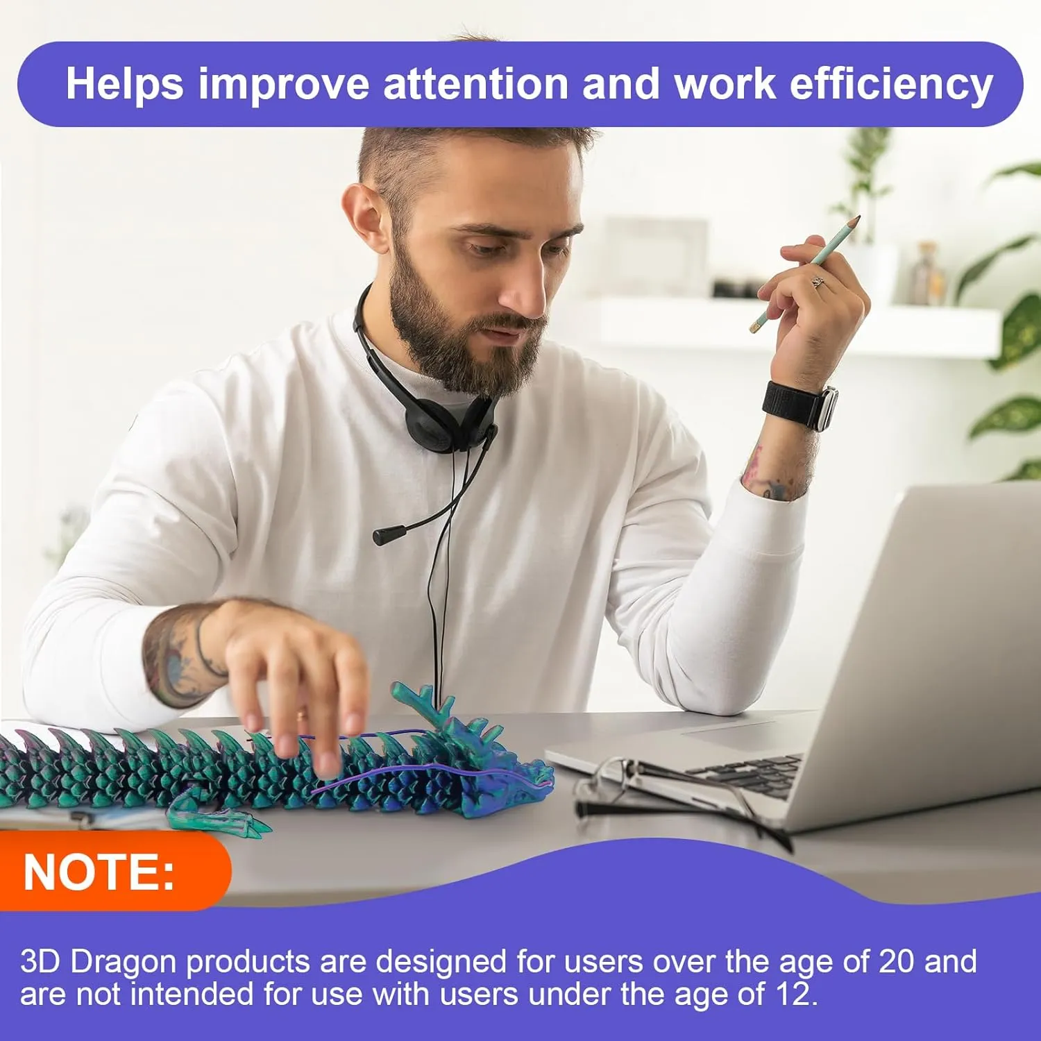 24 inch 3D Printed Dragon,3D Printed Flexible Articulated Dragon, Reinforcement of Unbreakable 3D Dragon,Dragon Fidget Toys for Autism/ADHD,Home Office Decor Executive Desk Toy (Purple)