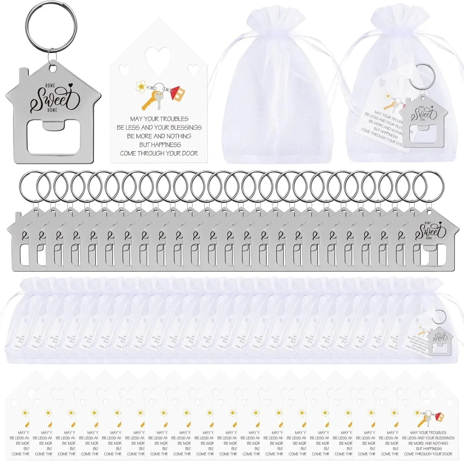 24/48/100/150/200 Sweet New Home Keychain Gift Bulk House Shaped Beer Bottle Opener With Organza Bag for Estate Client Buyer