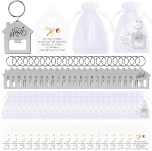 24/48/100/150/200 Sweet New Home Keychain Gift Bulk House Shaped Beer Bottle Opener With Organza Bag for Estate Client Buyer