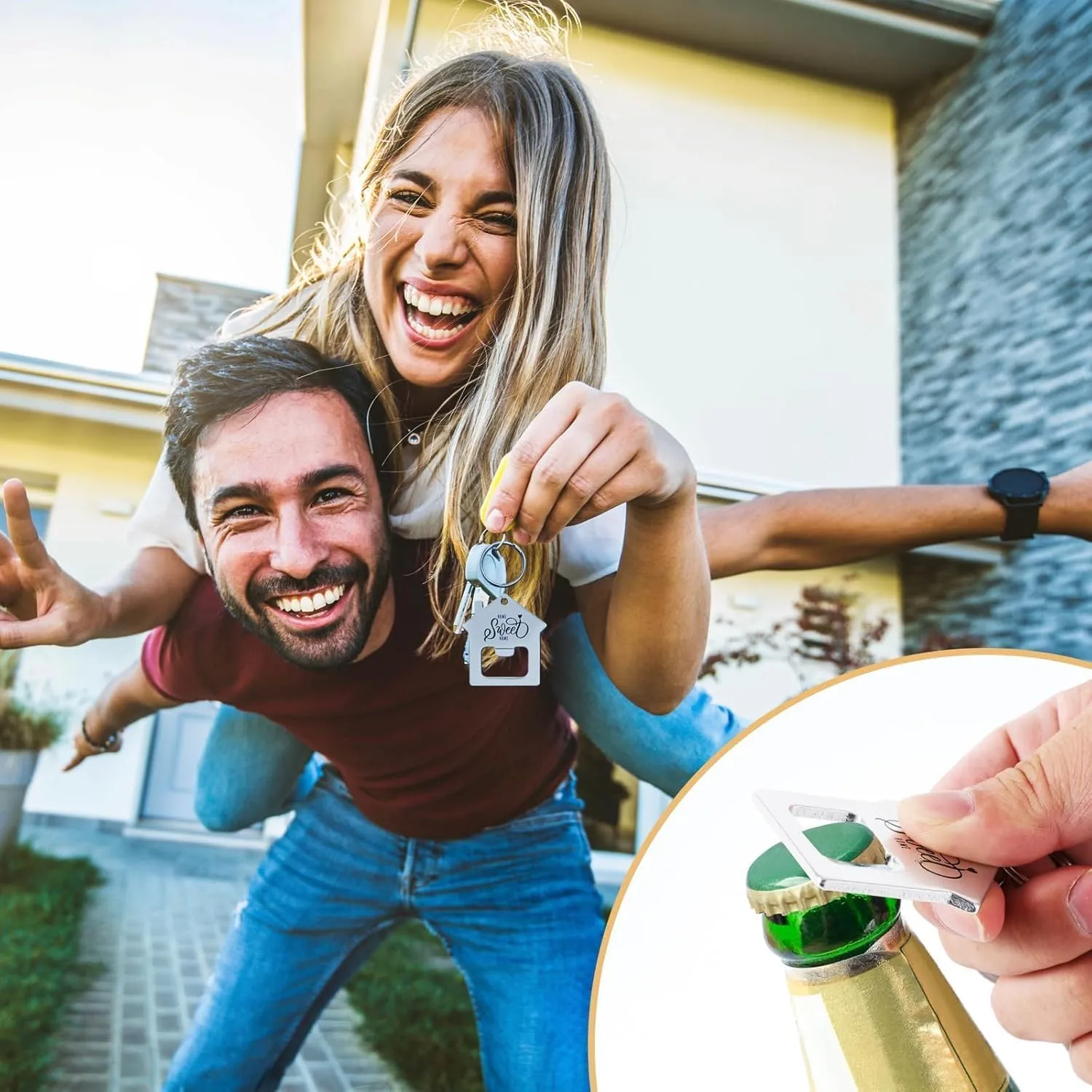 24/48/100/150/200 Sweet New Home Keychain Gift Bulk House Shaped Beer Bottle Opener With Organza Bag for Estate Client Buyer