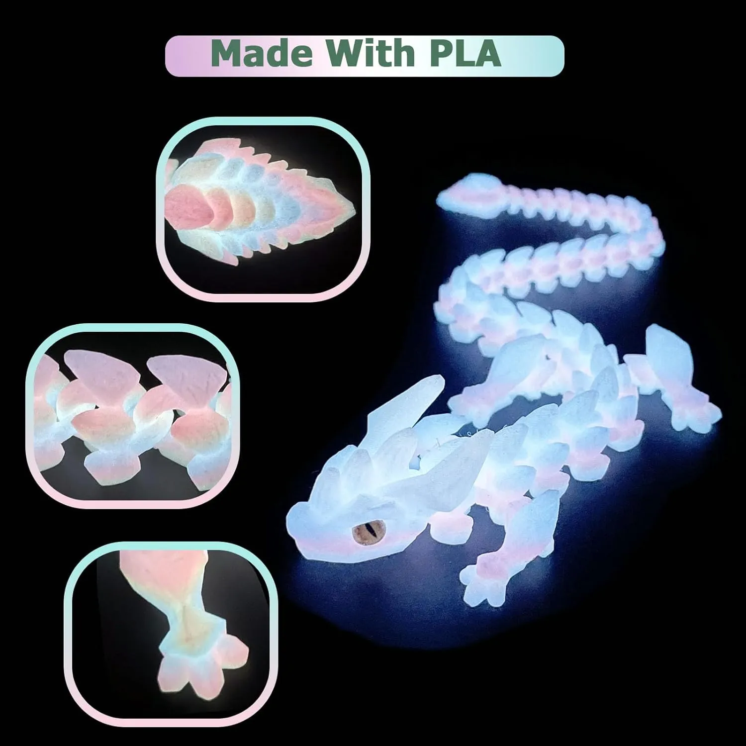 24in Large 3D Printed Dragon with Eyes, Articulated Fidget 3D Printed Animals, Stress Relief 3D Printed Toy for Anxiety & ADHD, Unique Home Office Décor