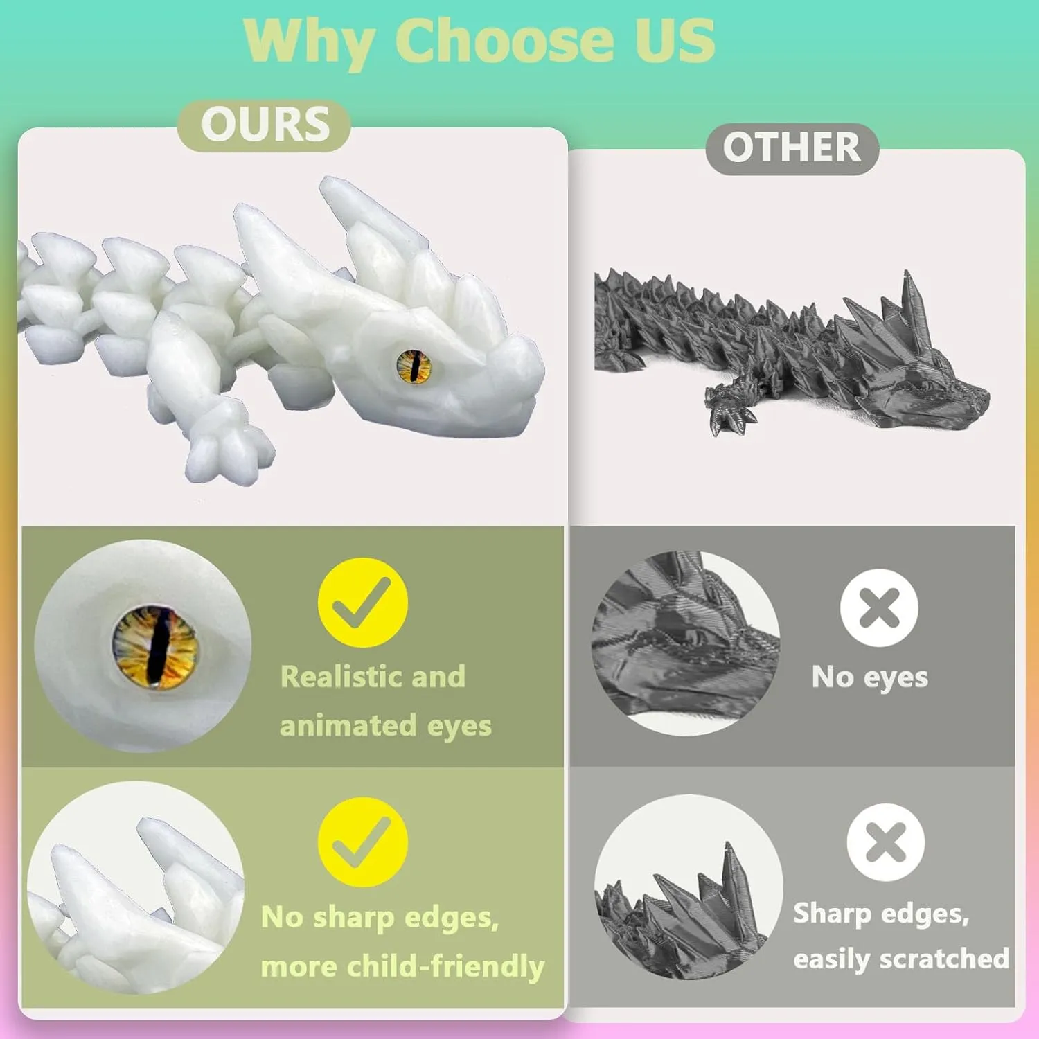 24in Large 3D Printed Dragon with Eyes, Articulated Fidget 3D Printed Animals, Stress Relief 3D Printed Toy for Anxiety & ADHD, Unique Home Office Décor