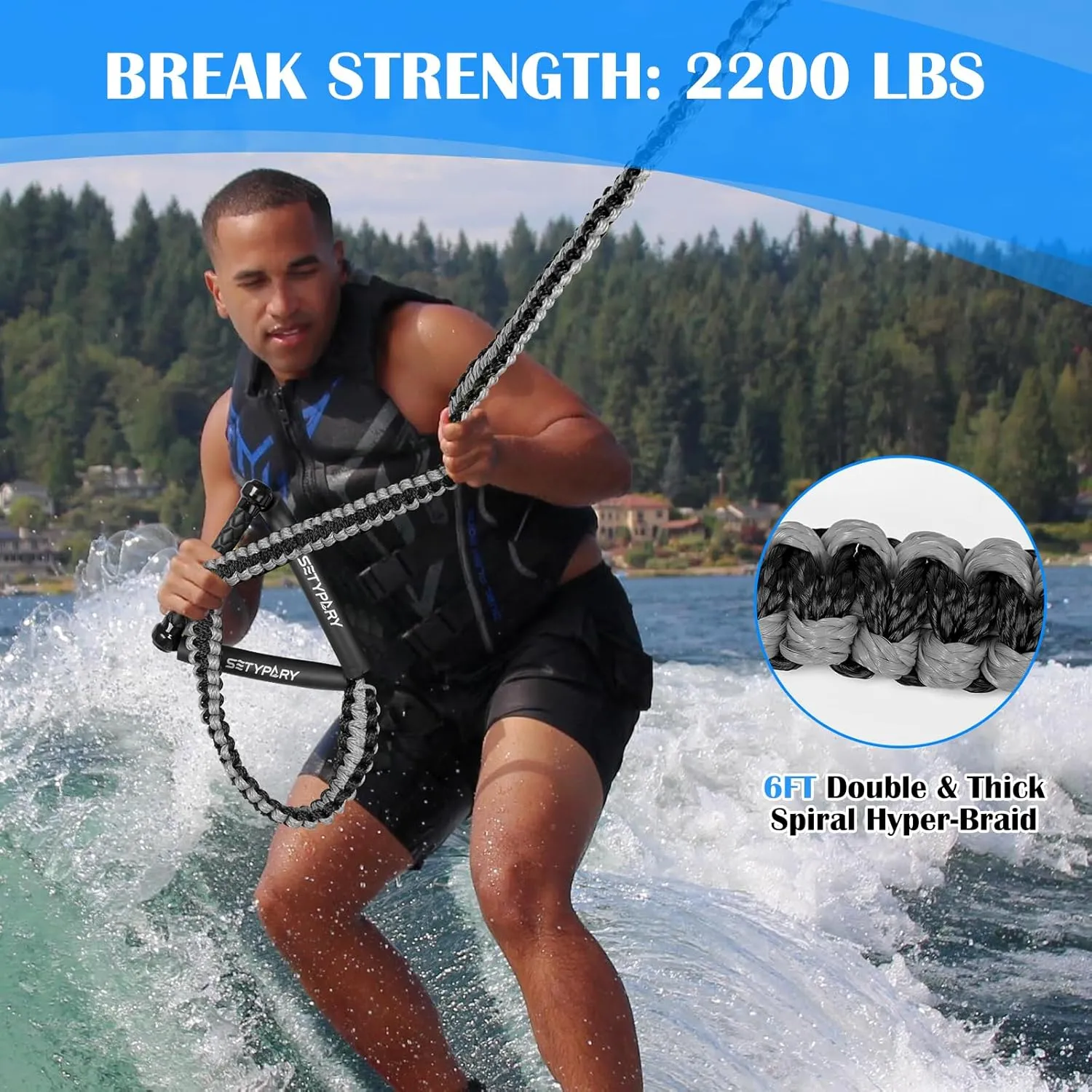 25ft Wakesurf Rope and Handle, Floating Wake Surf, 6 Section Removeable Surf Tow