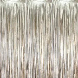 3 Pack 3.3 x 8.2 ft Matte Champagne Foil Fringe Backdrop Curtains, Tinsel Streamers Party Decorations, Fringe Backdrop, Door Shimmer for Graduation, New Years Eve, Birthday Party