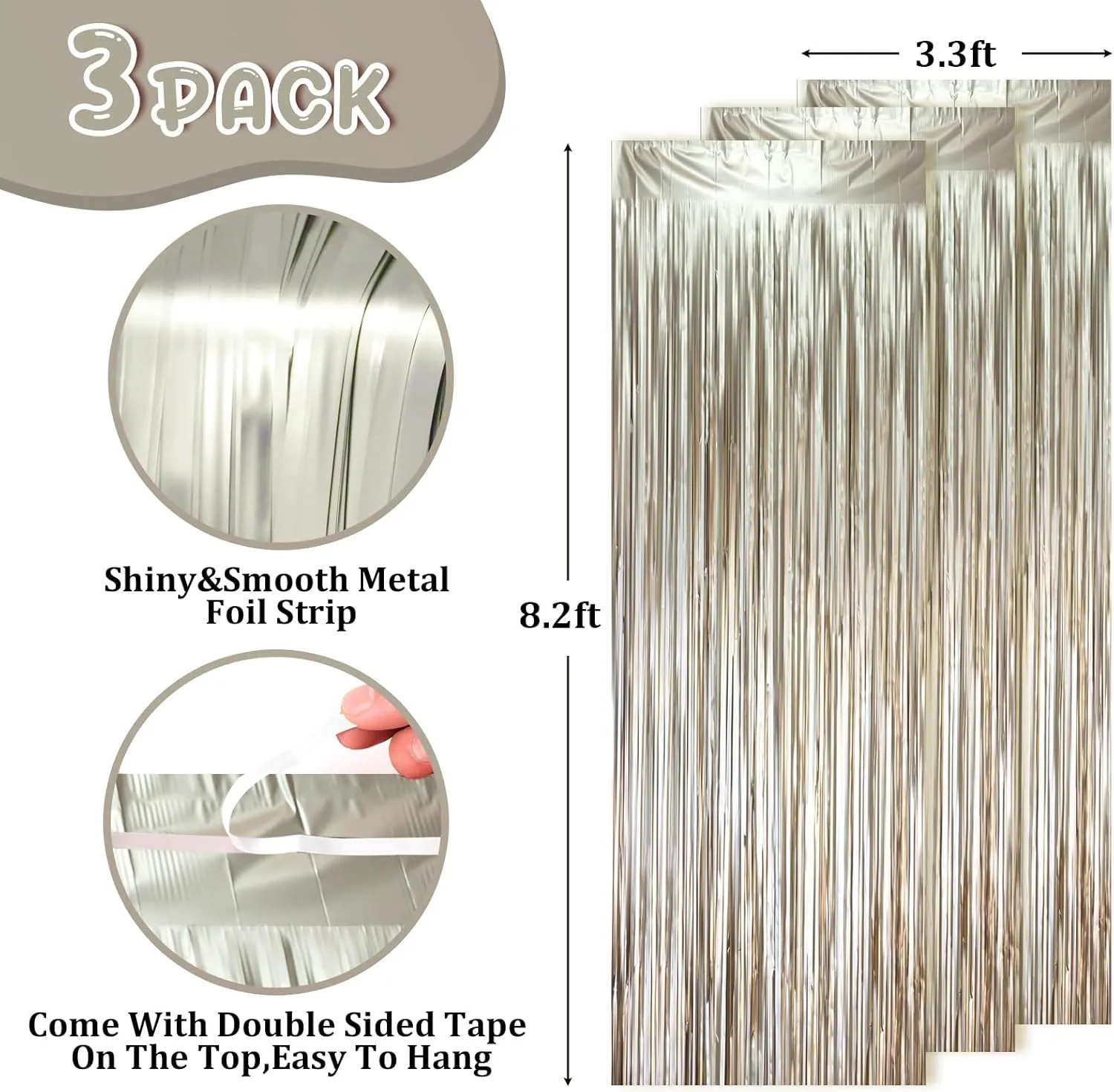 3 Pack 3.3 x 8.2 ft Matte Champagne Foil Fringe Backdrop Curtains, Tinsel Streamers Party Decorations, Fringe Backdrop, Door Shimmer for Graduation, New Years Eve, Birthday Party