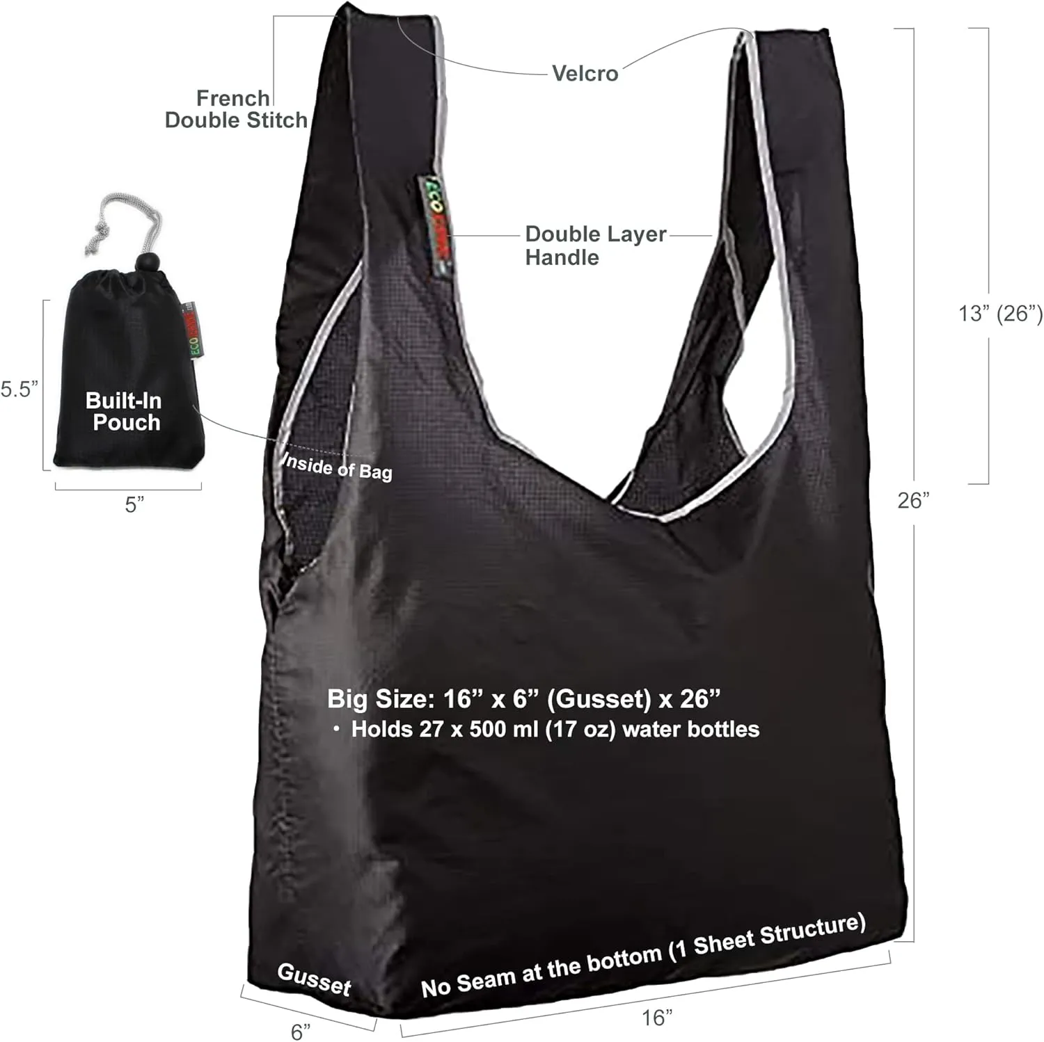 3 Pack Super Strong Ripstop Nylon Foldable Reusable Bag Grocery Shopping Tote Bag with Built-in Pouch