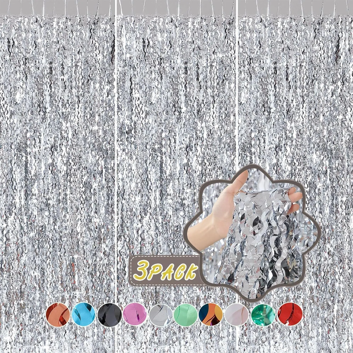 3 Pack Wave Silver Tinsel Curtain - 3.3x6.6 Feet Foil Streamers Birthday Party Decorations Wedding Background Decor Photo Booth Props