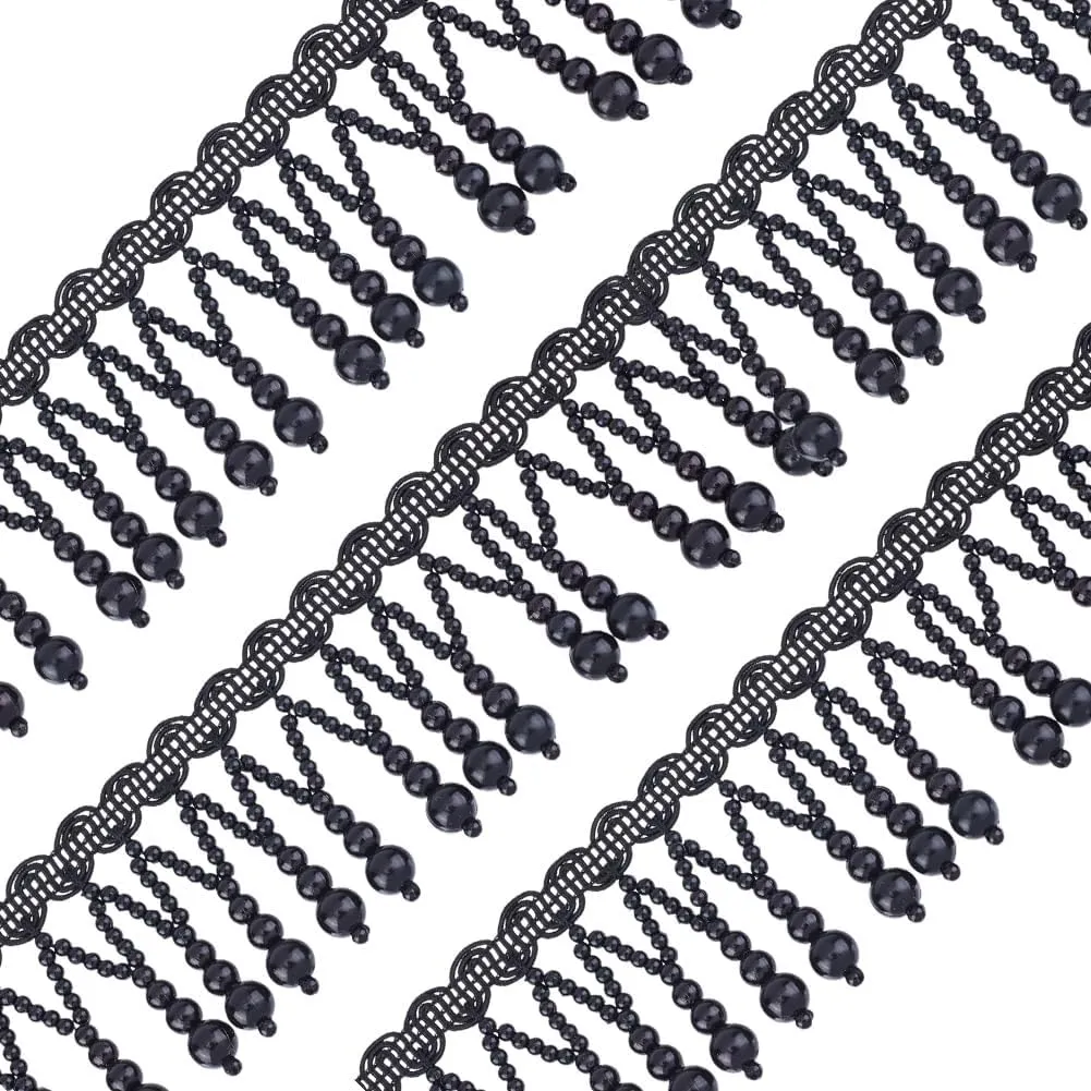 3 Yards Pearl Beads Tassel Lace Ribbon, Polyester Ribbons Tassel Trim Applique Fringe with Hanging Pearl Beads for Sewing Wedding Bridal Dress Decor, Black