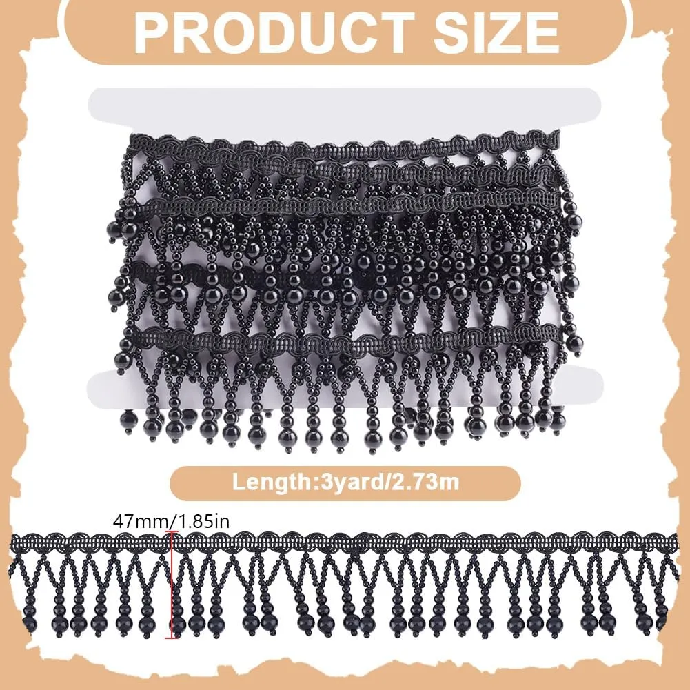 3 Yards Pearl Beads Tassel Lace Ribbon, Polyester Ribbons Tassel Trim Applique Fringe with Hanging Pearl Beads for Sewing Wedding Bridal Dress Decor, Black