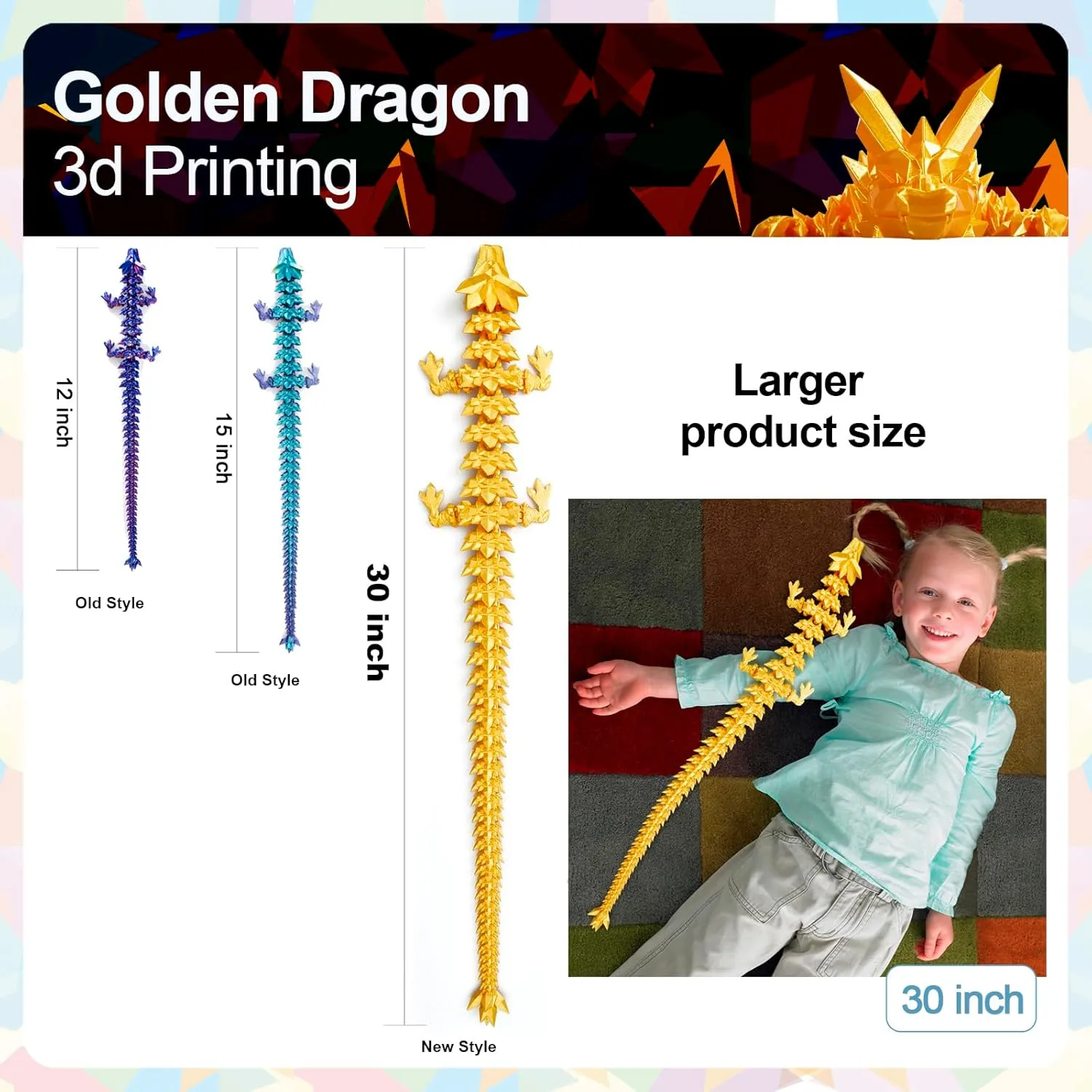 30 in 3D Printed Dragon, 30inch Dragon，3D Dragon Toy,Large Dragon Present,Ariculated Crystal Dragon(Gold