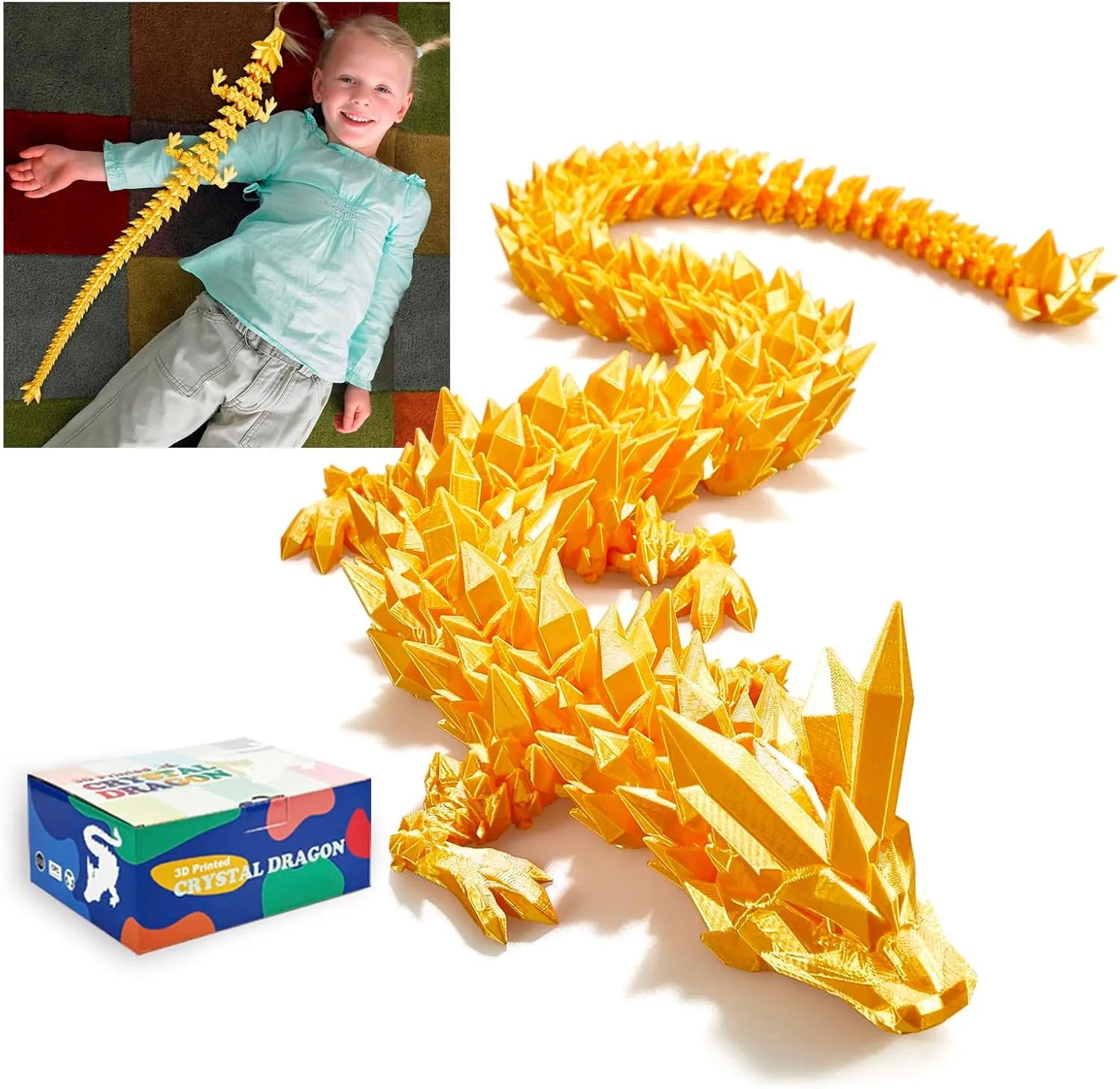 30 in 3D Printed Dragon, 30inch Dragon，3D Dragon Toy,Large Dragon Present,Ariculated Crystal Dragon(Gold