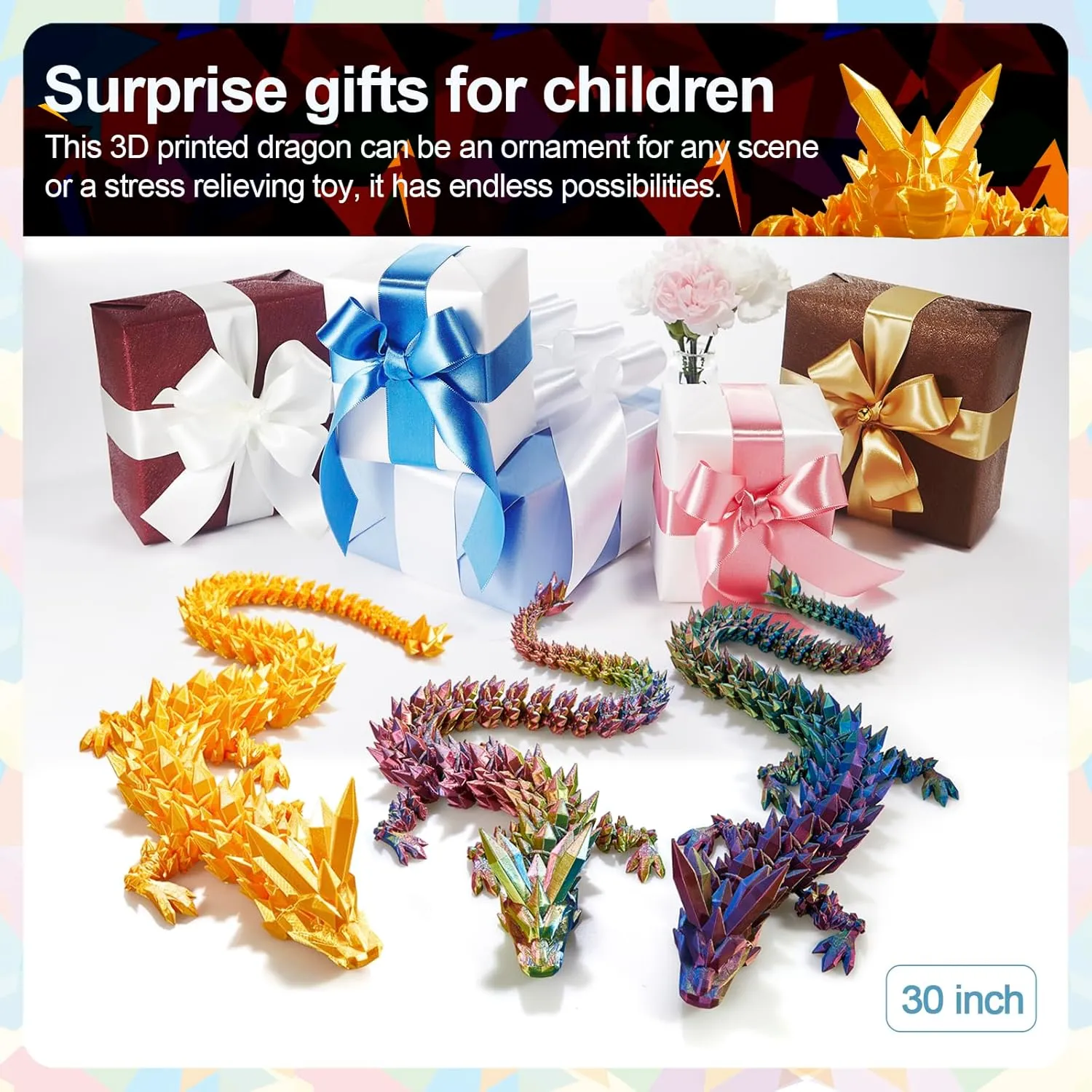 30 in 3D Printed Dragon, 30inch Dragon，3D Dragon Toy,Large Dragon Present,Ariculated Crystal Dragon(Gold