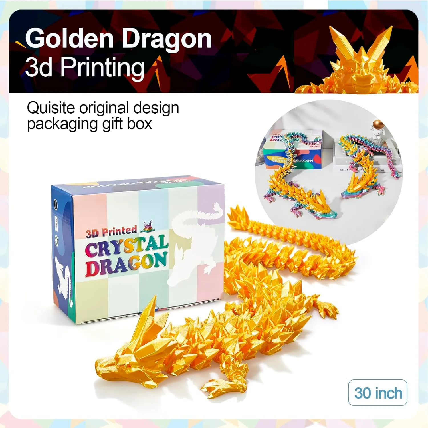 30 in 3D Printed Dragon, 30inch Dragon，3D Dragon Toy,Large Dragon Present,Ariculated Crystal Dragon(Gold