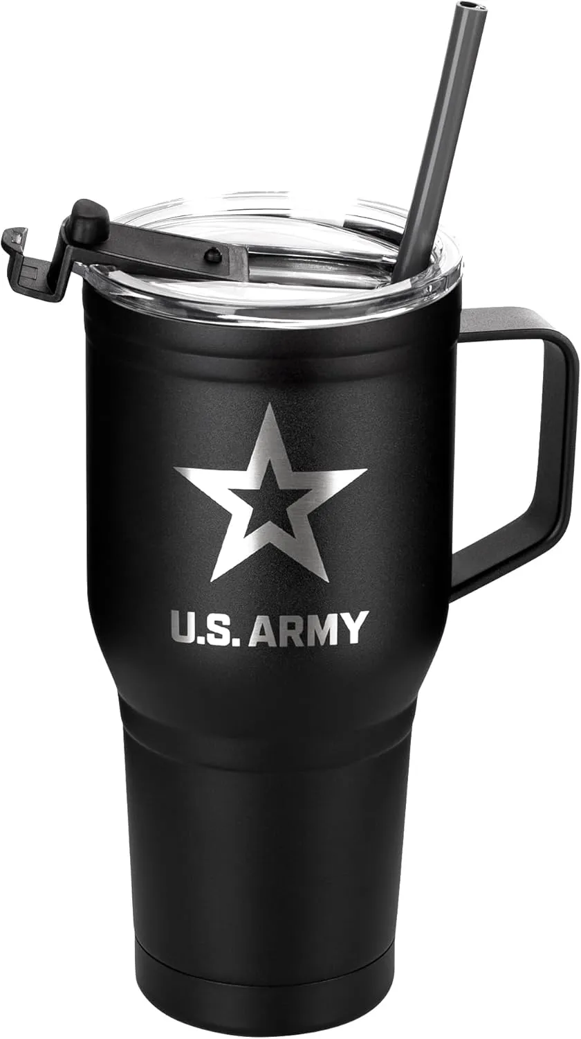 30 Oz US ARMY Black Double Wall Vacuum Insulated Stainless Steel Army Tumbler with Handle | Travel Mug with Leakproof Lid | Army 30oz Tumbler w/Handle