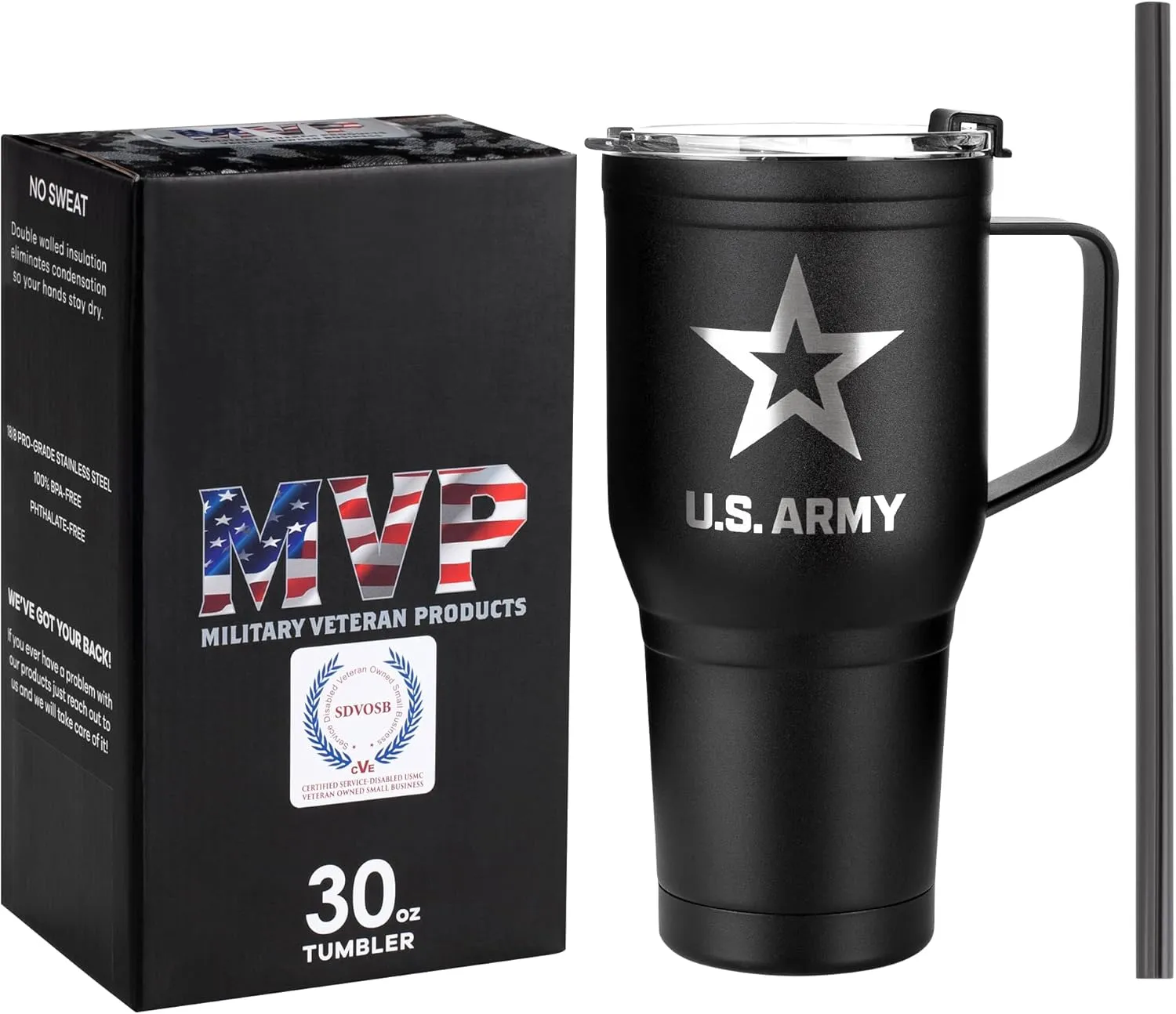 30 Oz US ARMY Black Double Wall Vacuum Insulated Stainless Steel Army Tumbler with Handle | Travel Mug with Leakproof Lid | Army 30oz Tumbler w/Handle