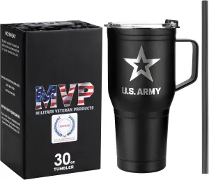 30 Oz US ARMY Black Double Wall Vacuum Insulated Stainless Steel Army Tumbler with Handle | Travel Mug with Leakproof Lid | Army 30oz Tumbler w/Handle
