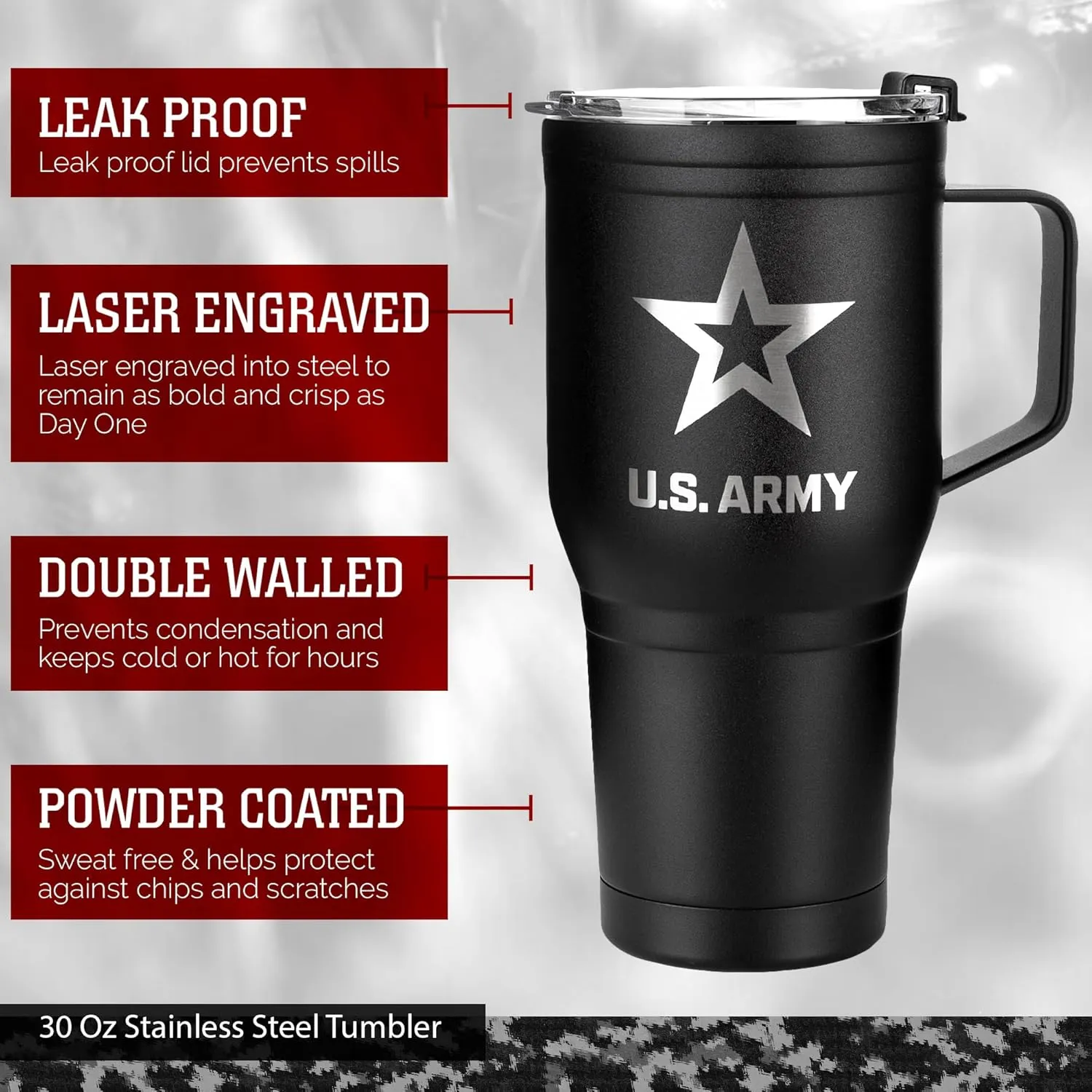 30 Oz US ARMY Black Double Wall Vacuum Insulated Stainless Steel Army Tumbler with Handle | Travel Mug with Leakproof Lid | Army 30oz Tumbler w/Handle
