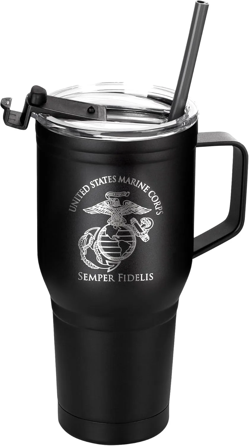 30 oz USMC Coffee Tumbler with Handle- Double Wall Vacuum Insulated Stainless Steel Marine Corps Tumbler Travel Mug – USMC Vet Owned Business