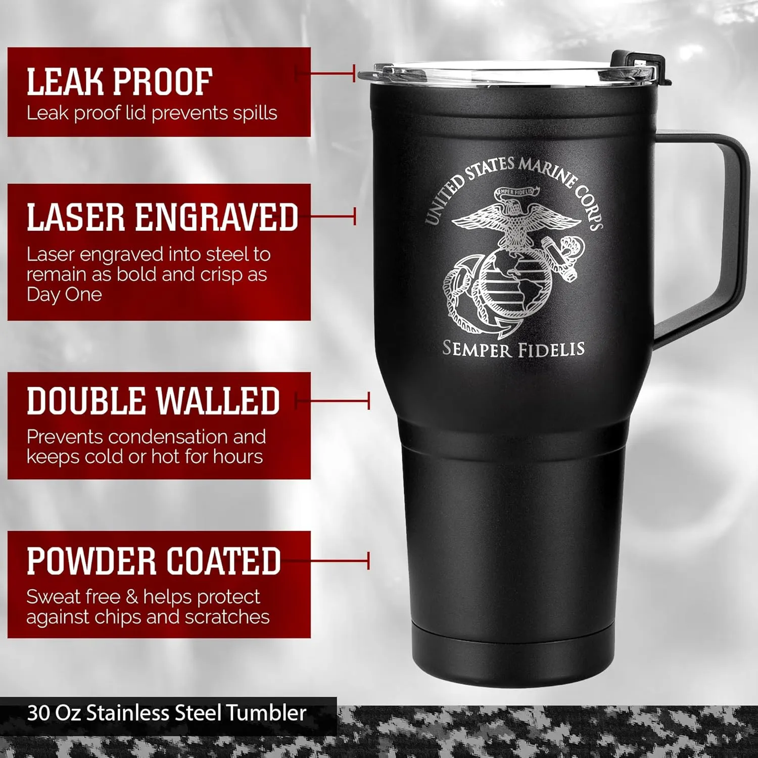 30 oz USMC Coffee Tumbler with Handle- Double Wall Vacuum Insulated Stainless Steel Marine Corps Tumbler Travel Mug – USMC Vet Owned Business