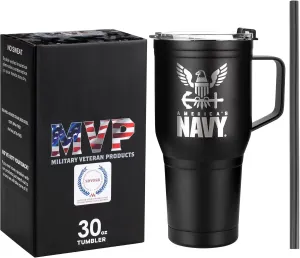 30oz Navy Tumbler Double Wall Vacuum Insulated Stainless Steel USN Travel Mug with Handle - Navy Gifts for Men or Women