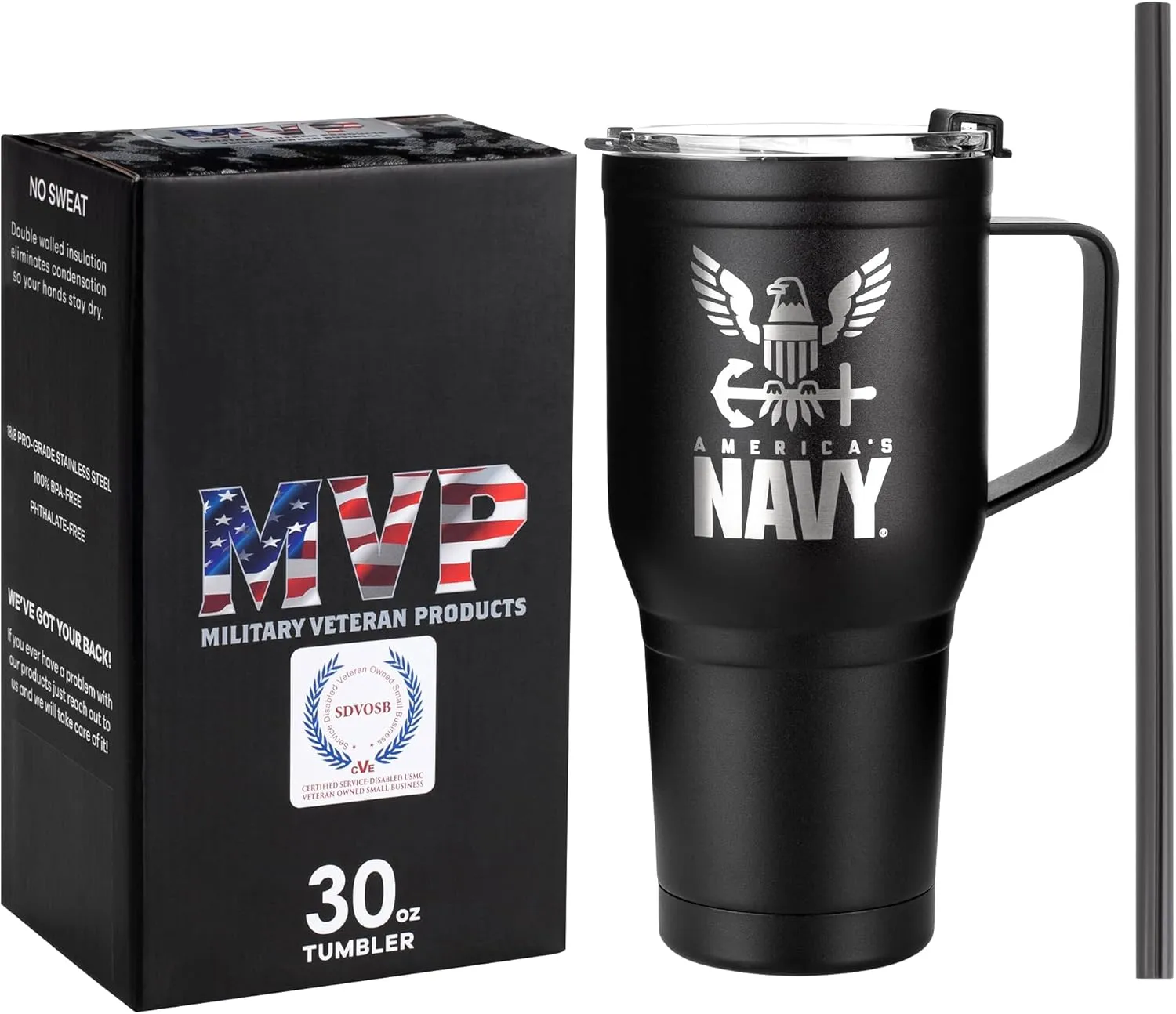 30oz Navy Tumbler Double Wall Vacuum Insulated Stainless Steel USN Travel Mug with Handle - Navy Gifts for Men or Women