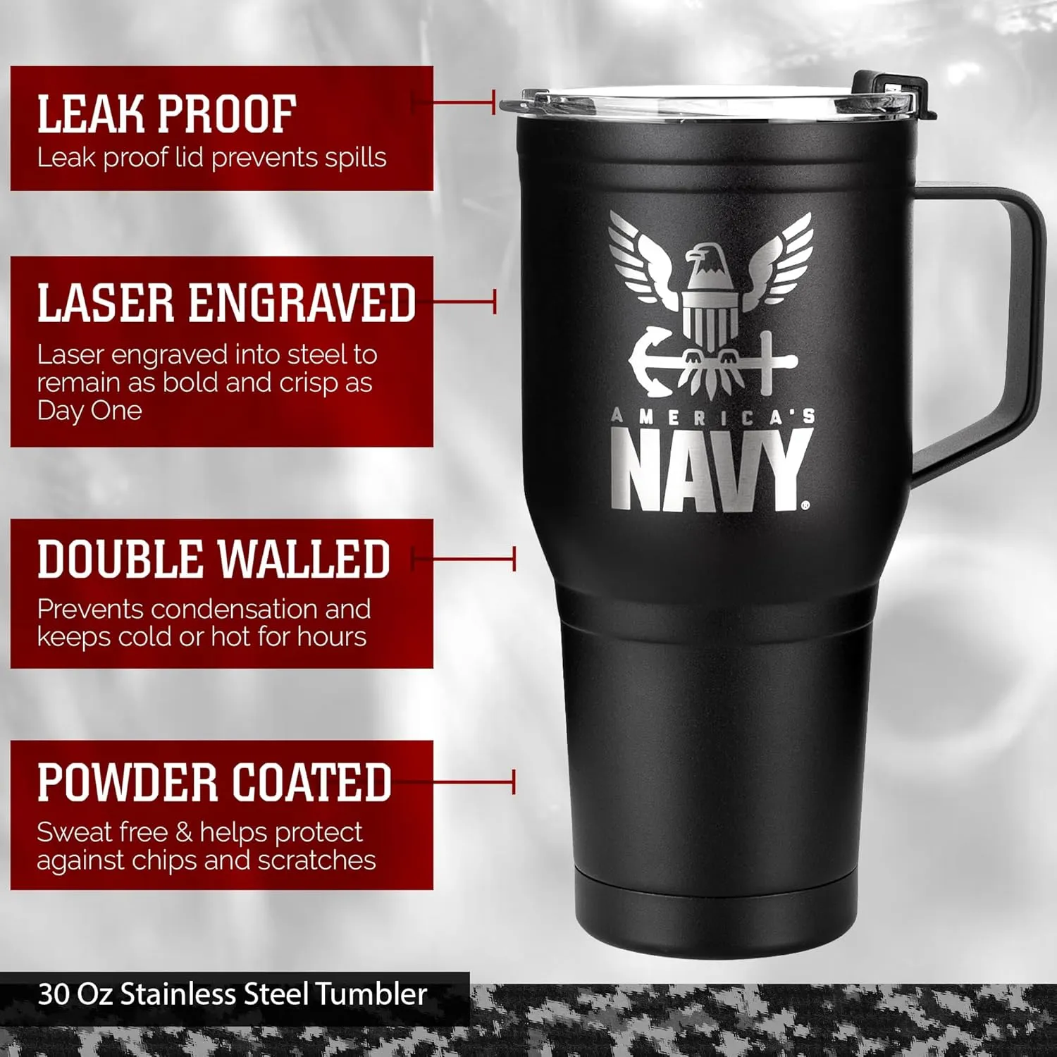 30oz Navy Tumbler Double Wall Vacuum Insulated Stainless Steel USN Travel Mug with Handle - Navy Gifts for Men or Women