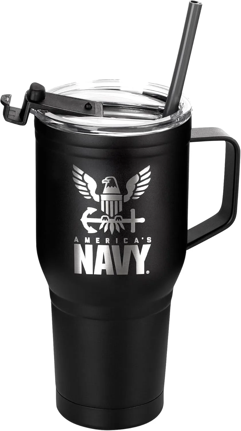 30oz Navy Tumbler Double Wall Vacuum Insulated Stainless Steel USN Travel Mug with Handle - Navy Gifts for Men or Women