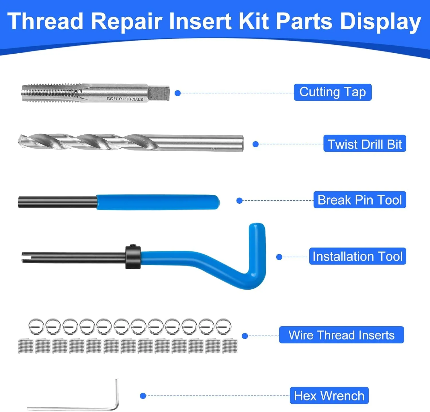 30PC SAE Thread Repair Kit 5/16-18 inch, Helicoil Repair Kit with HSS Drill, Rethreading Tools for Internal Screw Holes Repairing (Blue)