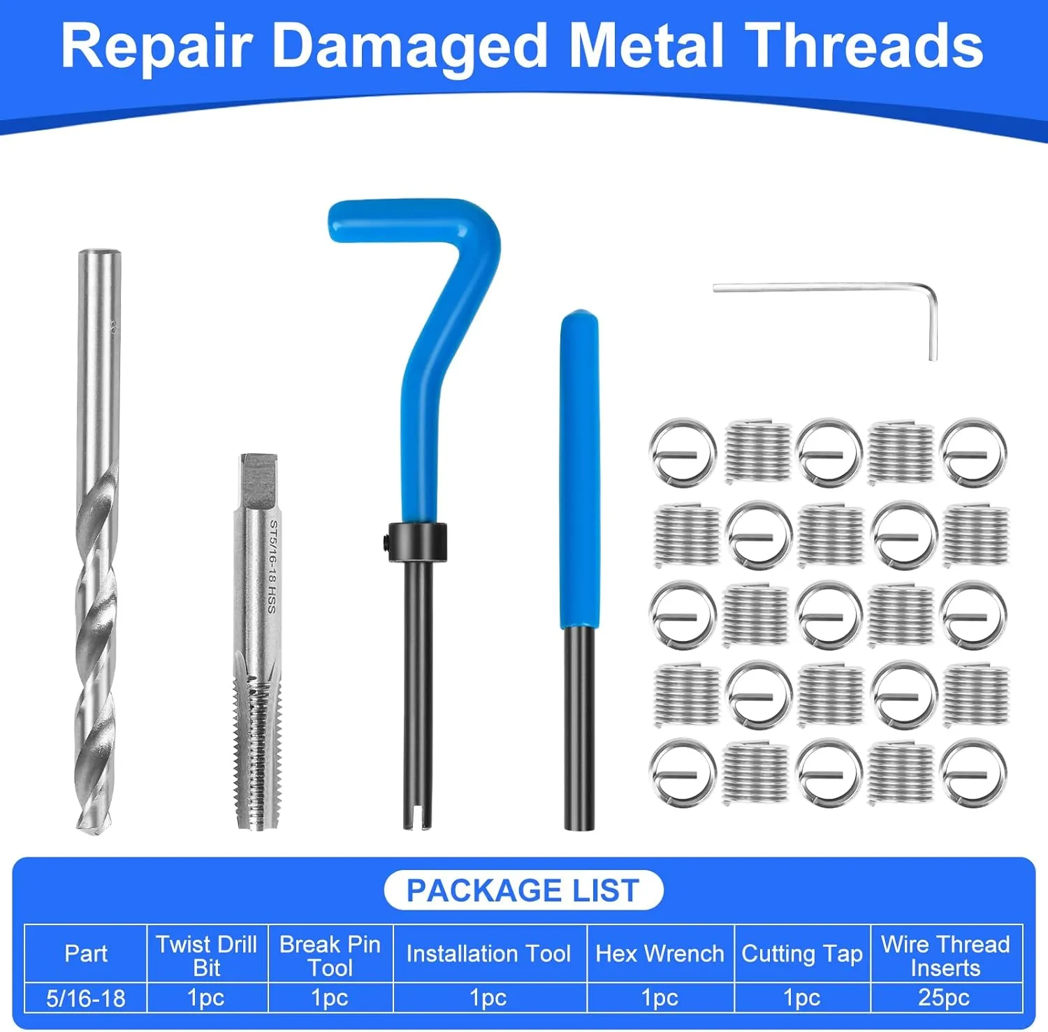 30PC SAE Thread Repair Kit 5/16-18 inch, Helicoil Repair Kit with HSS Drill, Rethreading Tools for Internal Screw Holes Repairing (Blue)
