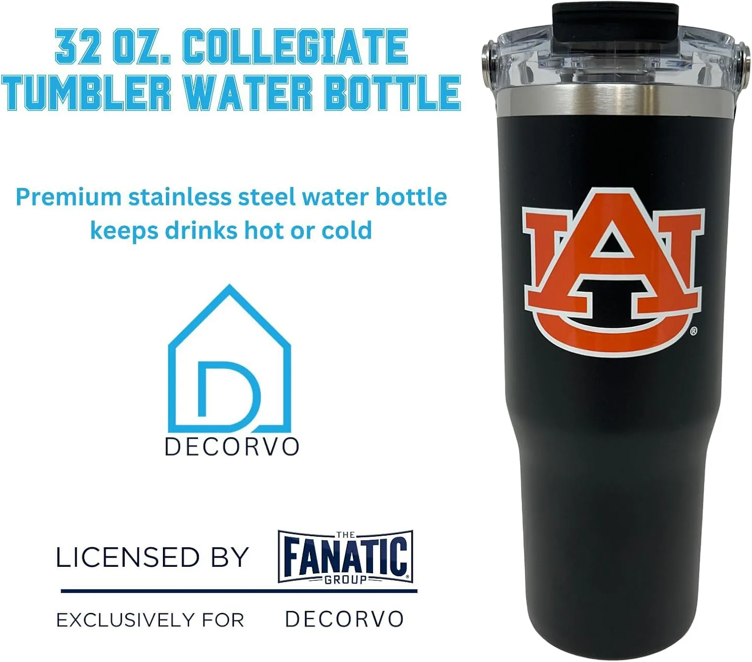 32 oz Collegiate Stainless Steel Tumbler - Double Walled Insulated Water Bottle with Top Handle (Auburn)