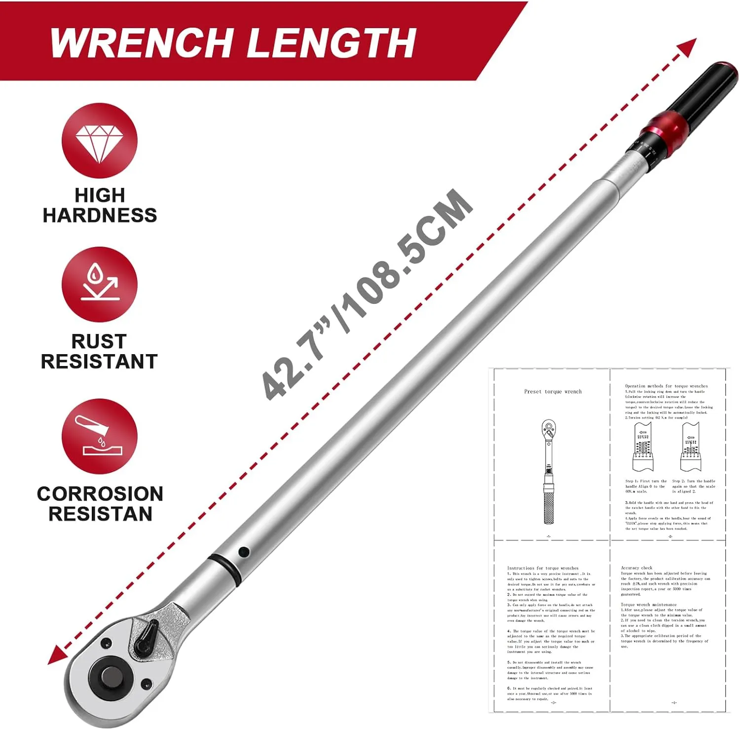 3/4 Torque Wrench, 100-600ft.lb/135.5-815Nm Dual-Direction Adjustable High Accuracy Torque Wrench 3/4 Drive, ±3% Click with Buckle for Car Trucks Oil Rigs Off-Road Equipment