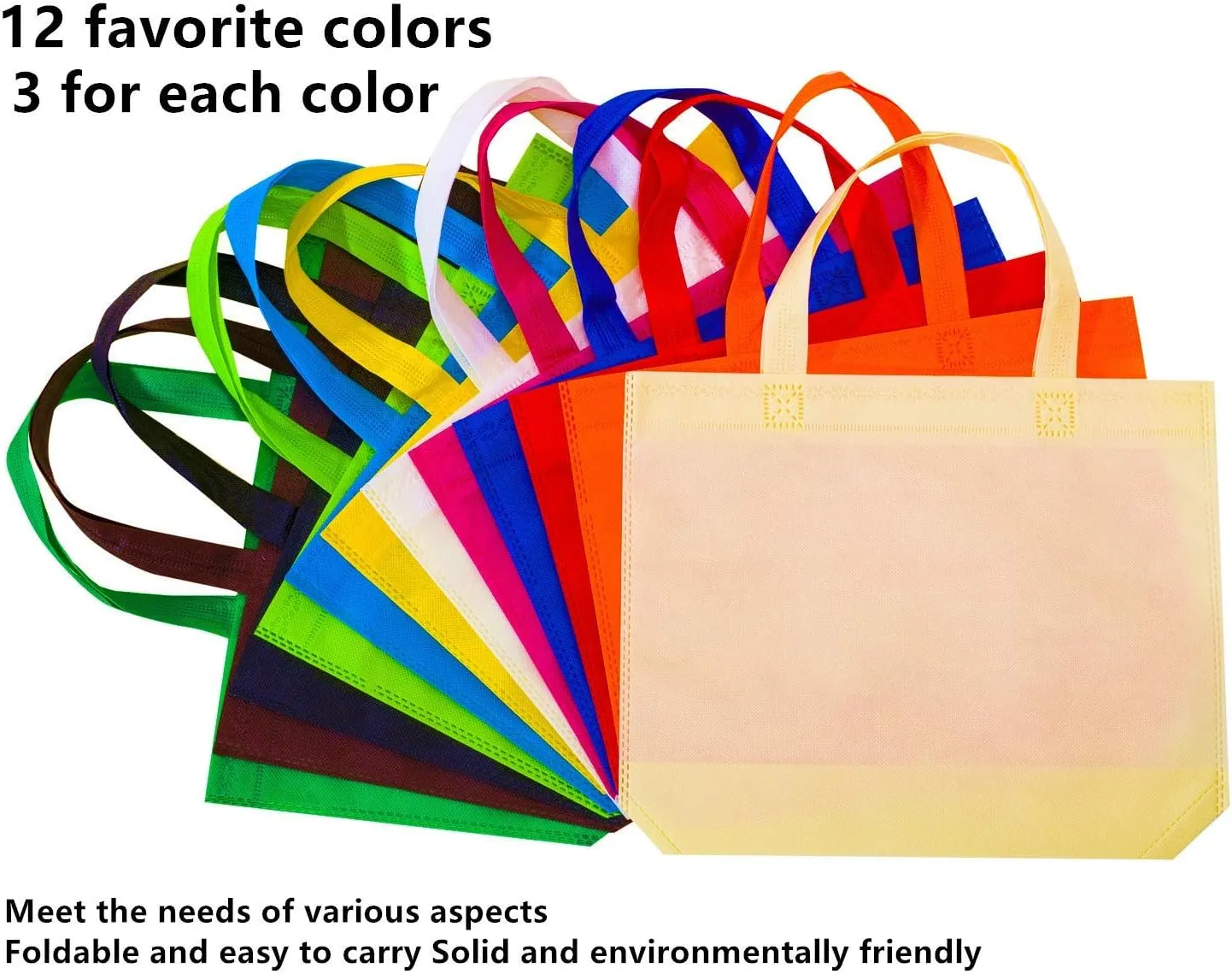 36 Pack 13" 12 Colors Multi-Color Reusable Tote Gift Bags One Side Blank Non-woven Bags Colored Treat Bags, Fabric Tote Bags, Commodity snack bag