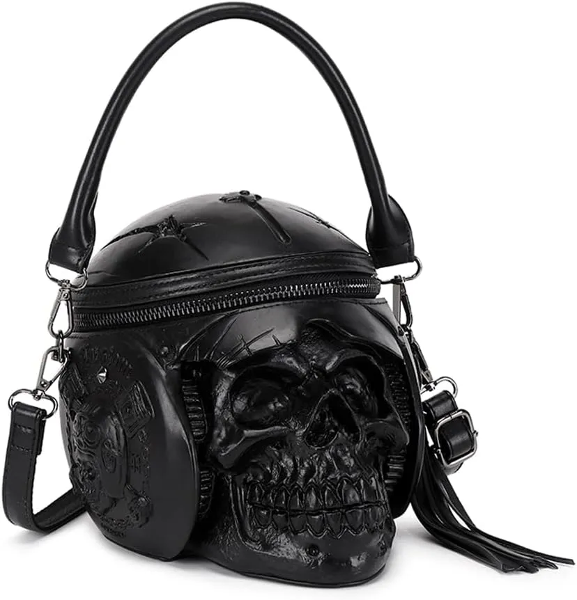 3D Backpack, Fashion 3D Skull With Helmet And Earphone Cross Body Handle Shoulder Bag (Black)
