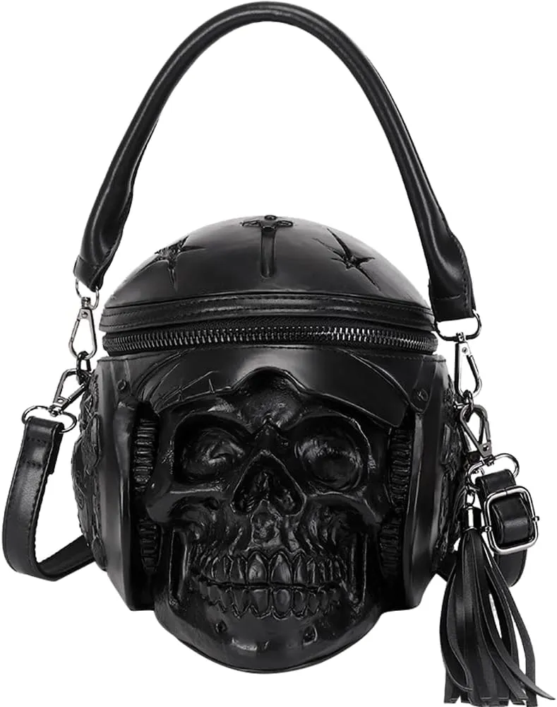 3D Backpack, Fashion 3D Skull With Helmet And Earphone Cross Body Handle Shoulder Bag (Black)