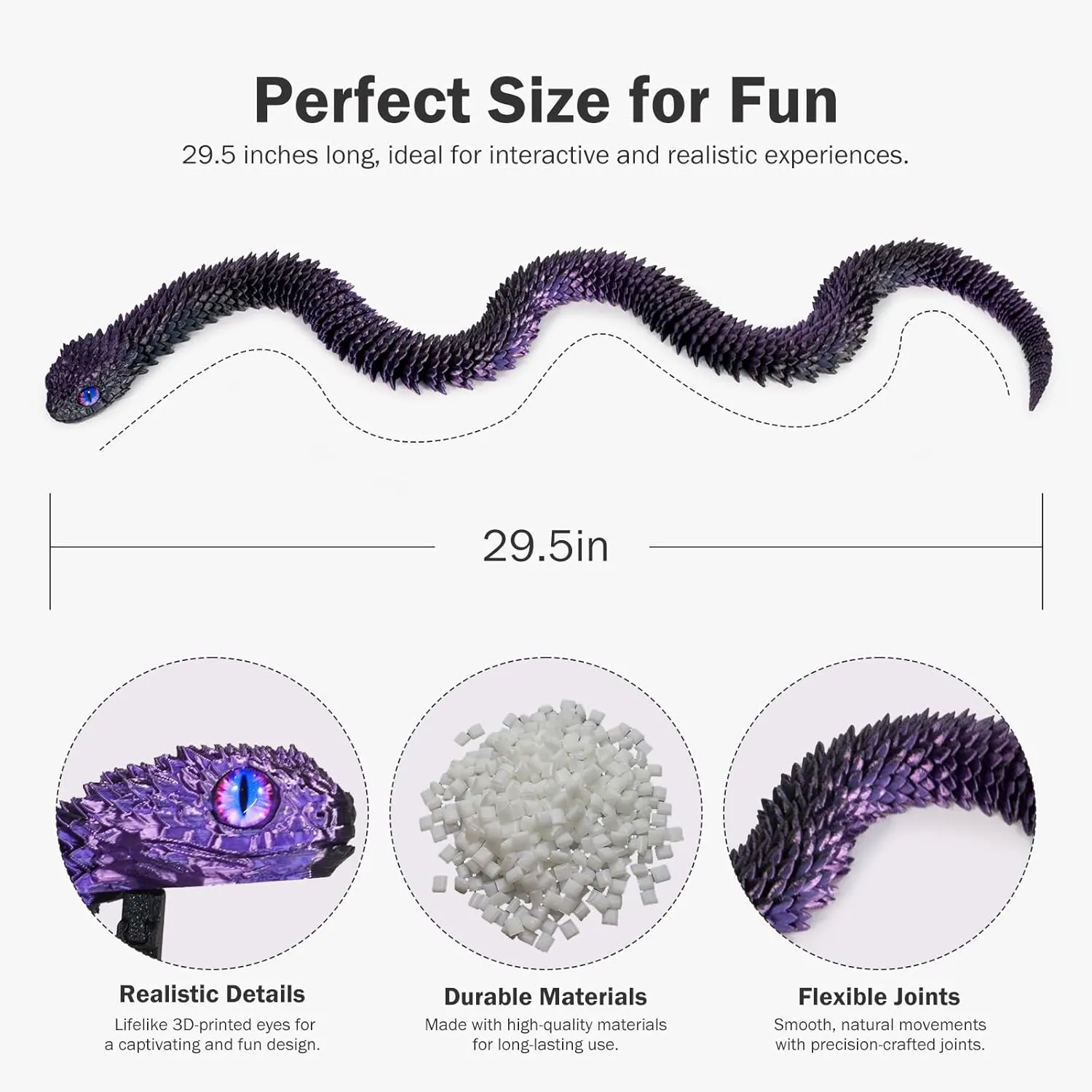 3D Printed Articulated Snake – 29.5'' Crystal-Like Movable Snake– Realistic Slithering Design, Collectible Articulated Model (Black Purple)