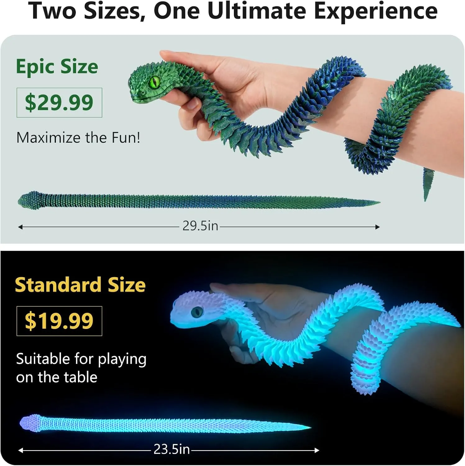 3D Printed Articulated Snake – 29.5'' Crystal-Like Movable Snake– Realistic Slithering Design, Collectible Articulated Model (Black Purple)