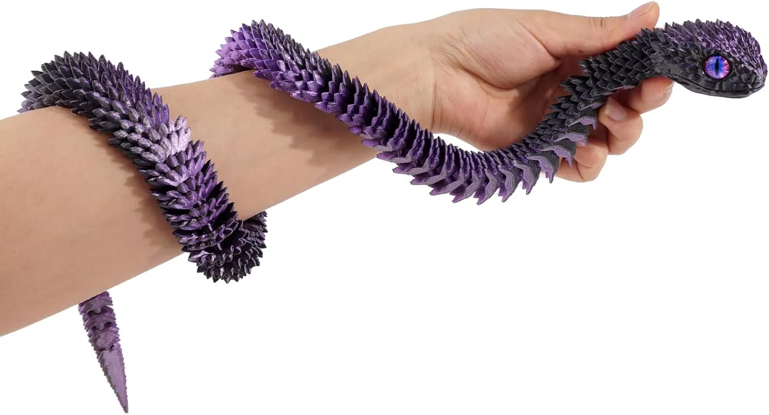 3D Printed Articulated Snake – 29.5'' Crystal-Like Movable Snake– Realistic Slithering Design, Collectible Articulated Model (Black Purple)