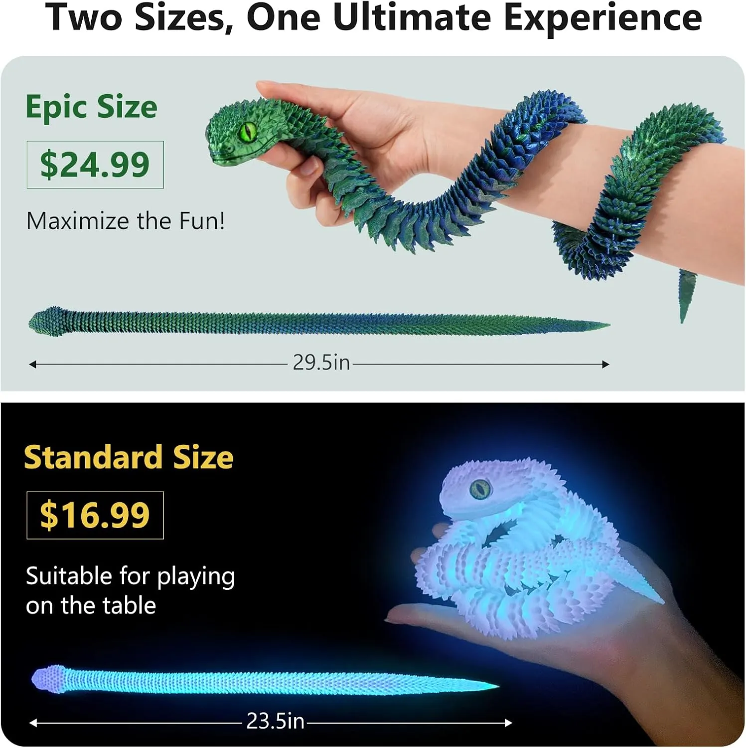 3D Printed Articulated Snake – 29.5'' Crystal-Like Movable Snake– Realistic Slithering Design, Collectible Articulated Model (Blue red)