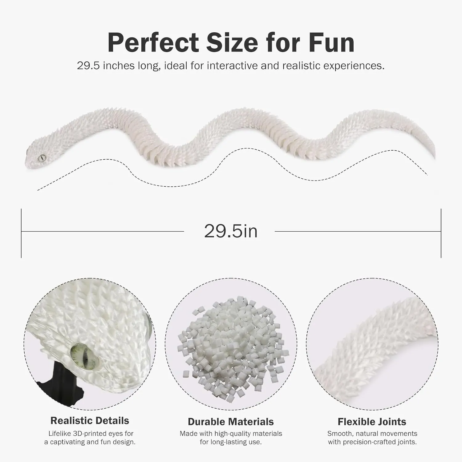 3D Printed Articulated Snake – 29.5'' Crystal-Like Movable Snake– Realistic Slithering Design, Collectible Articulated Model .Easter Basket Stuffers Essentials (White)