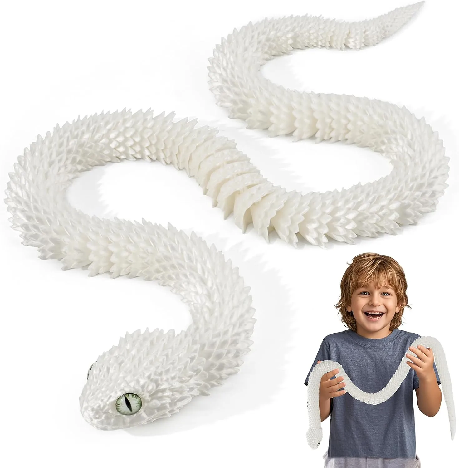 3D Printed Articulated Snake – 29.5'' Crystal-Like Movable Snake– Realistic Slithering Design, Collectible Articulated Model .Easter Basket Stuffers Essentials (White)
