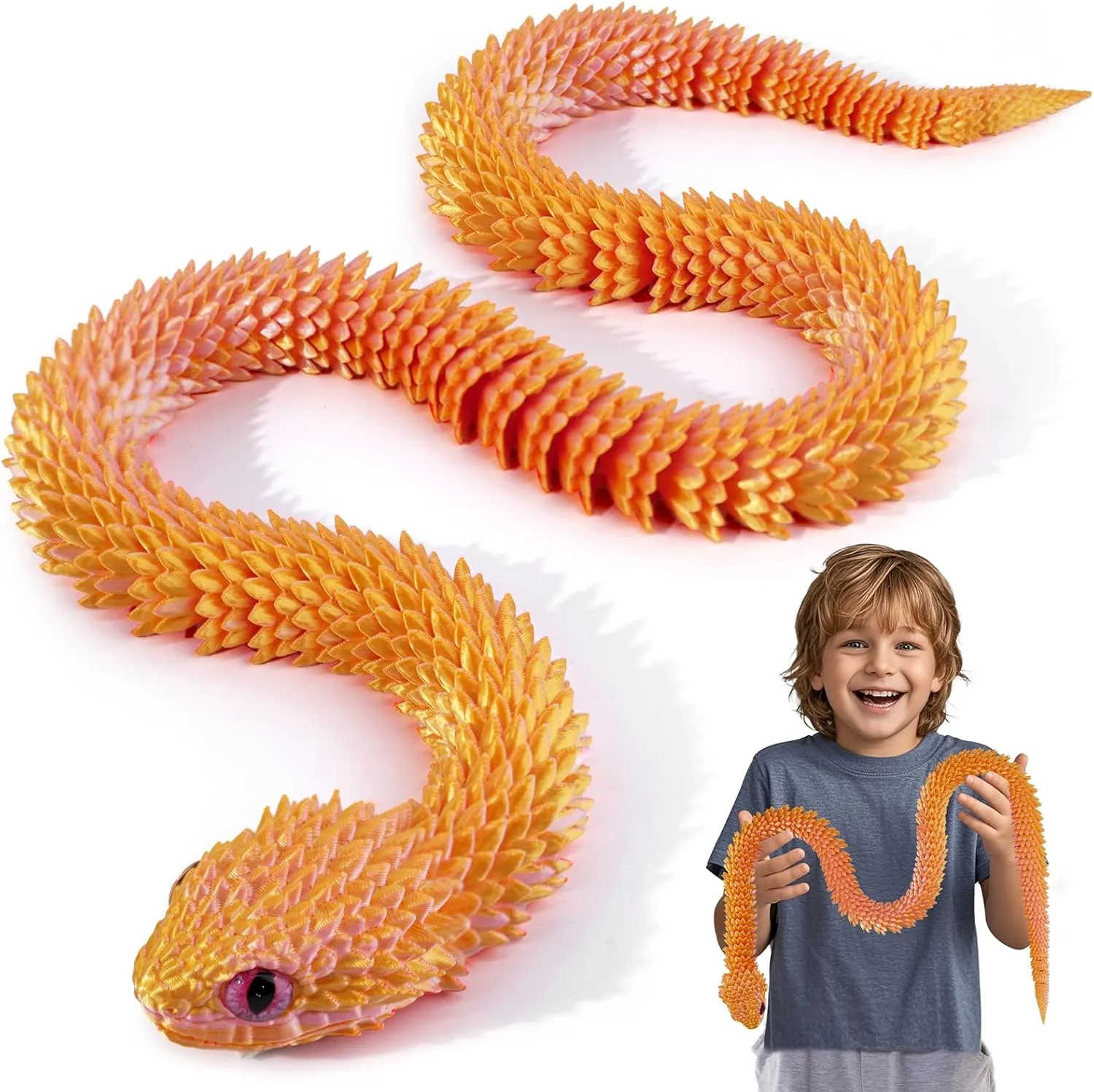 3D Printed Articulated Snake – 29.5'' Crystal-Like Movable Snake– Realistic Slithering Design, Collectible Articulated Model (Pink Gold)