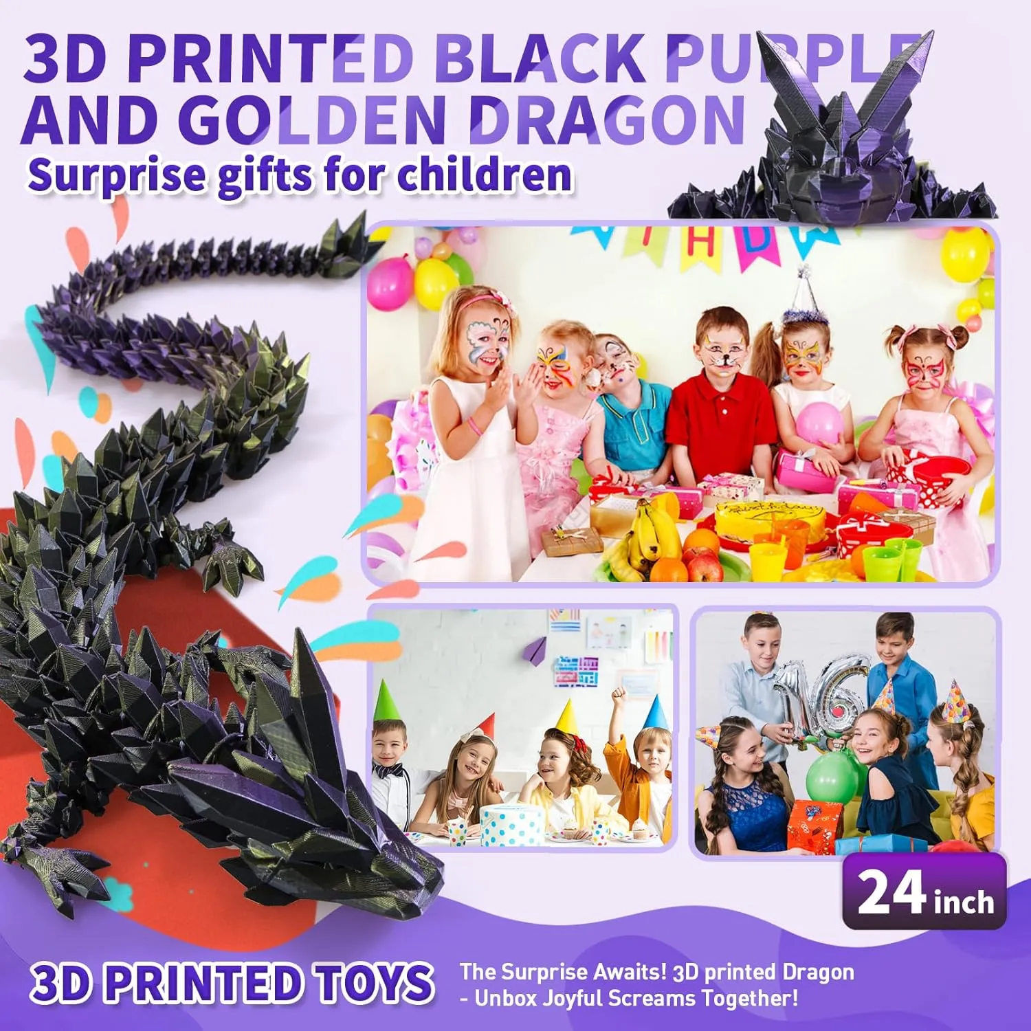 3D Printed Dragon, 3D Dragon,24 Inch 3D Printed Fidget Dragon, Bigger Fidget Crystal Dragon Toys, 3D Printed Articulated Dragon for Home Office Car Desk Decor Toys （Black Purple Gold）