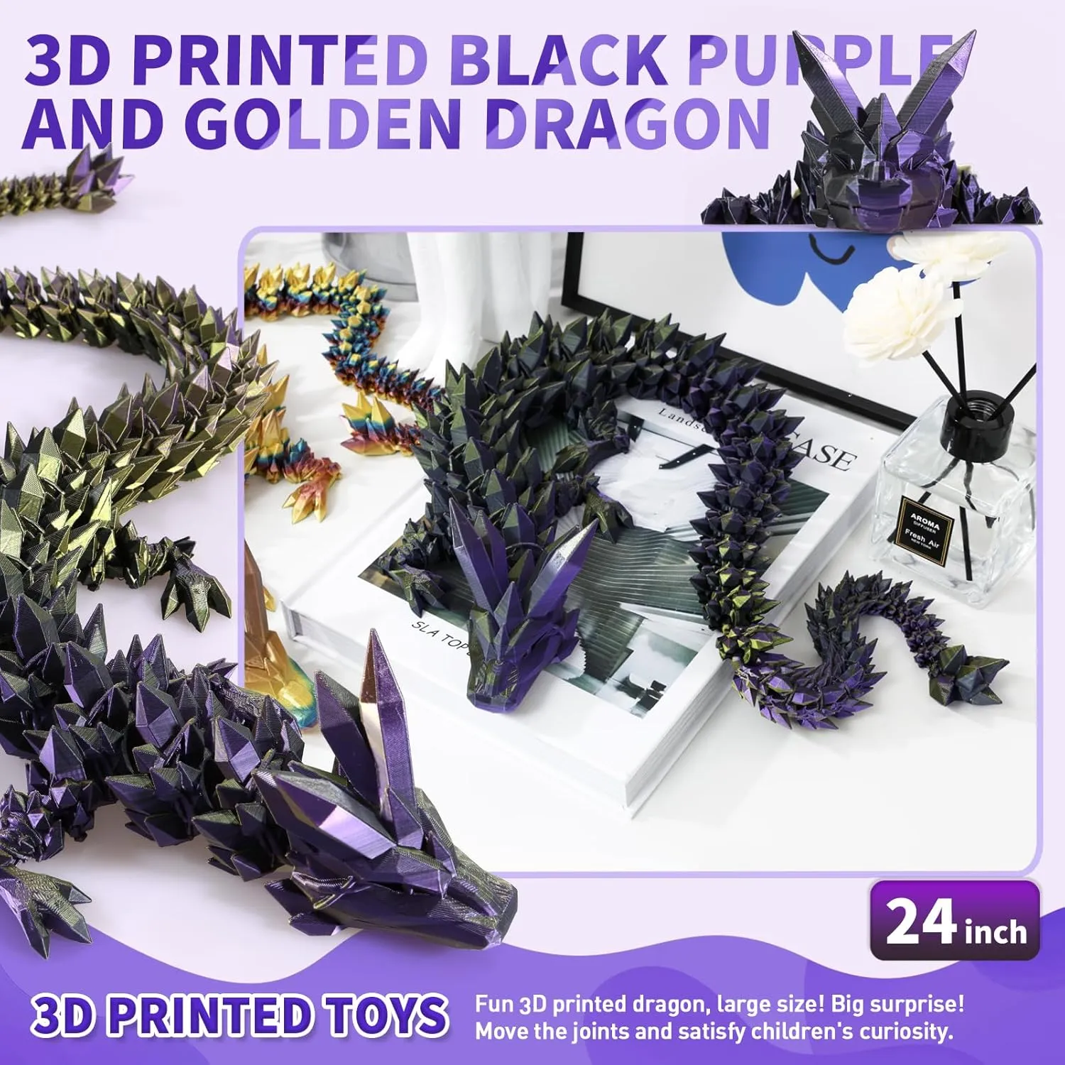 3D Printed Dragon, 3D Dragon,24 Inch 3D Printed Fidget Dragon, Bigger Fidget Crystal Dragon Toys, 3D Printed Articulated Dragon for Home Office Car Desk Decor Toys （Black Purple Gold）
