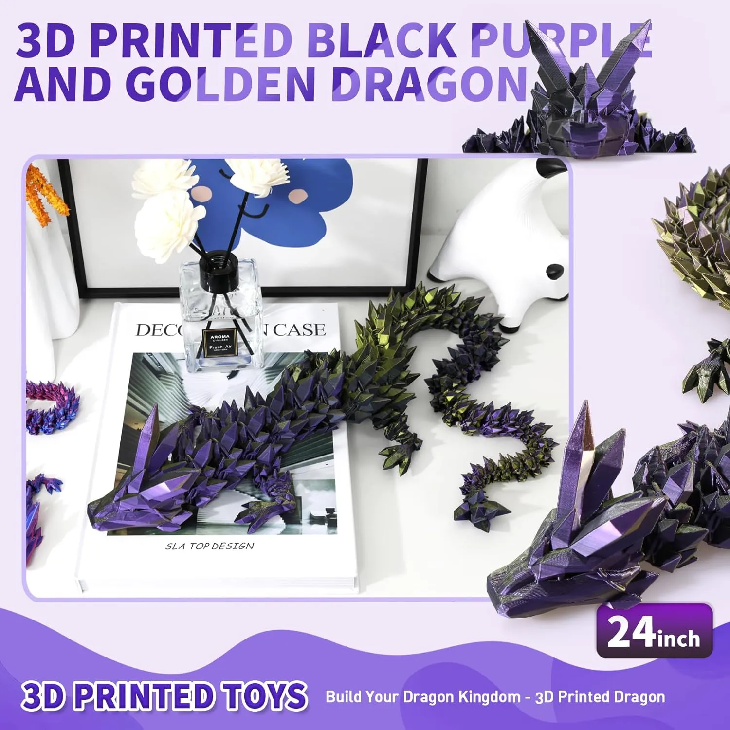 3D Printed Dragon, 3D Dragon,24 Inch 3D Printed Fidget Dragon, Bigger Fidget Crystal Dragon Toys, 3D Printed Articulated Dragon for Home Office Car Desk Decor Toys （Black Purple Gold）