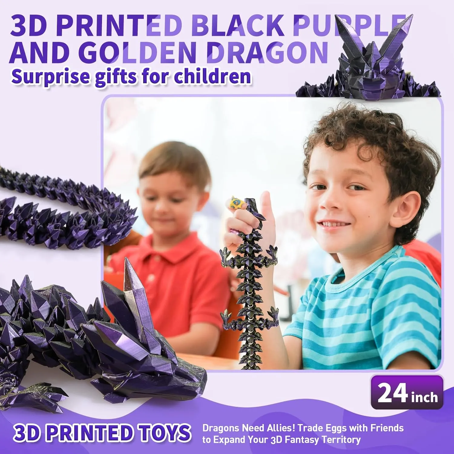 3D Printed Dragon, 3D Dragon,24 Inch 3D Printed Fidget Dragon, Bigger Fidget Crystal Dragon Toys, 3D Printed Articulated Dragon for Home Office Car Desk Decor Toys （Black Purple Gold）