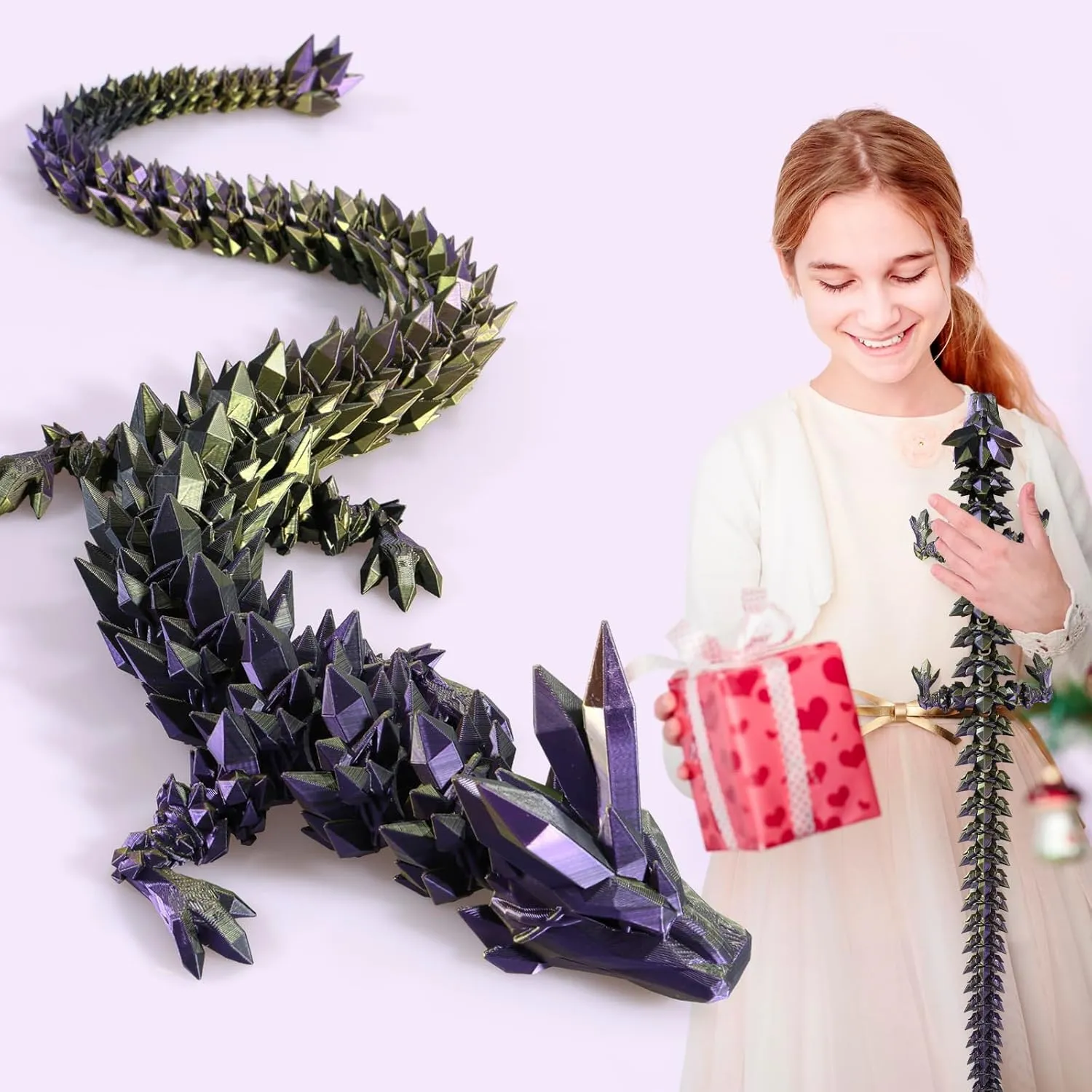 3D Printed Dragon, 3D Dragon,24 Inch 3D Printed Fidget Dragon, Bigger Fidget Crystal Dragon Toys, 3D Printed Articulated Dragon for Home Office Car Desk Decor Toys （Black Purple Gold）