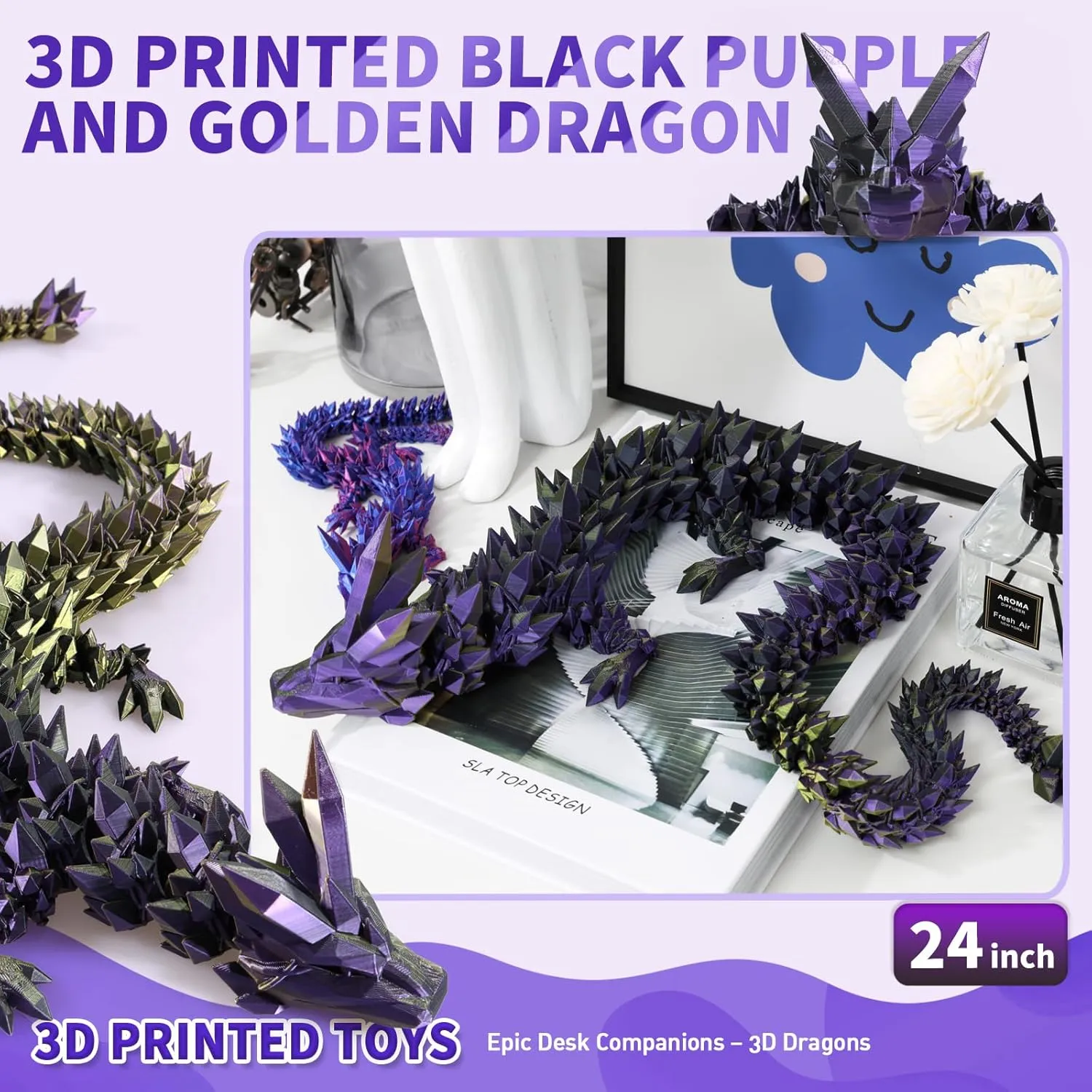 3D Printed Dragon, 3D Dragon,24 Inch 3D Printed Fidget Dragon, Bigger Fidget Crystal Dragon Toys, 3D Printed Articulated Dragon for Home Office Car Desk Decor Toys （Black Purple Gold）